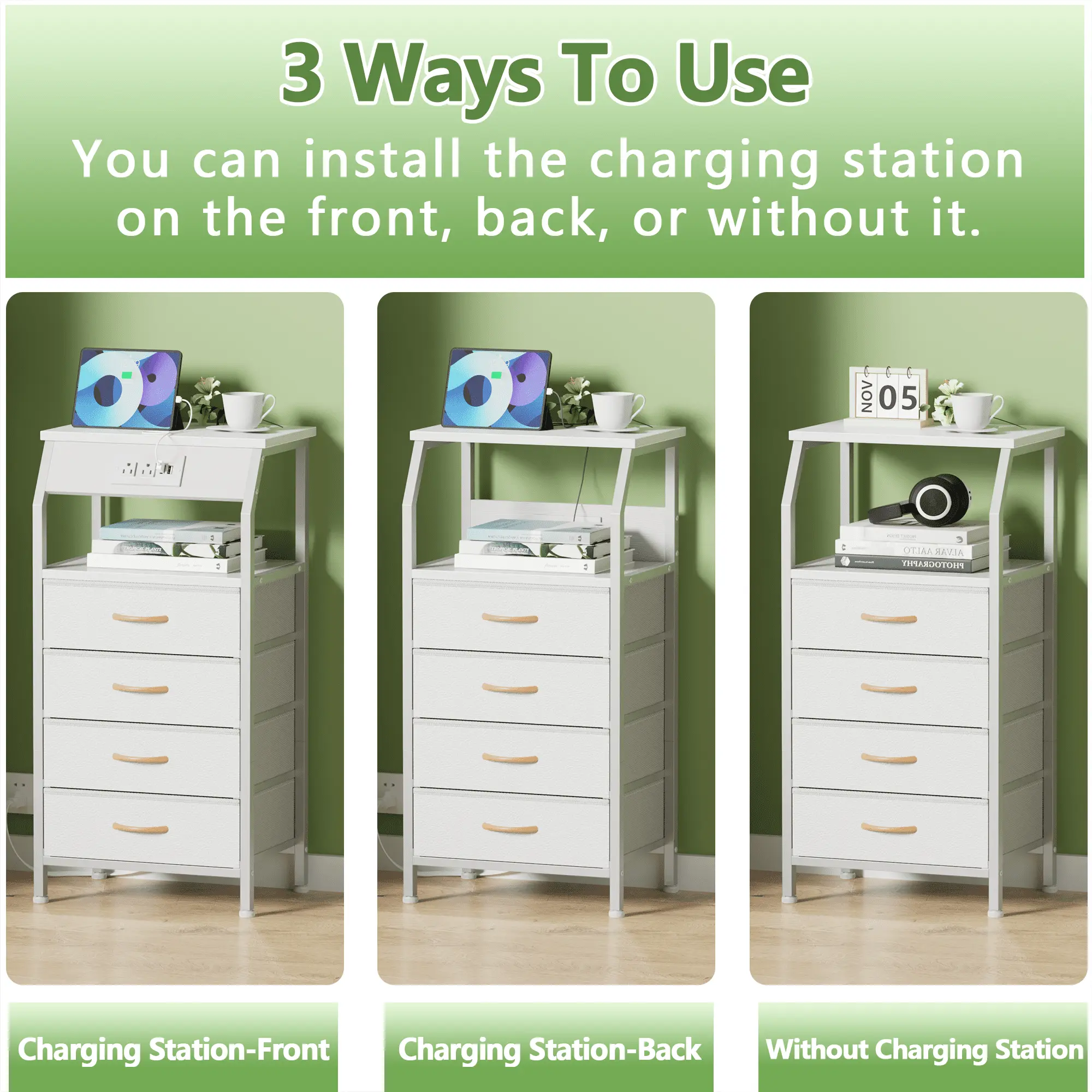 Small Dresser for Bedroom, 4 Drawer with Charging Station, White, Ideal for Adults