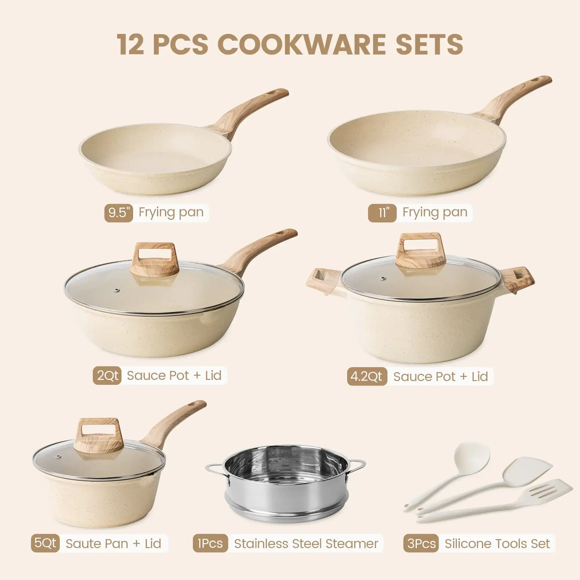 Nonstick Pots and Pans Set,12 Pcs Induction Kitchen Cookware Cooking Sets,Dishwasher Safe, Ergonomic Handle