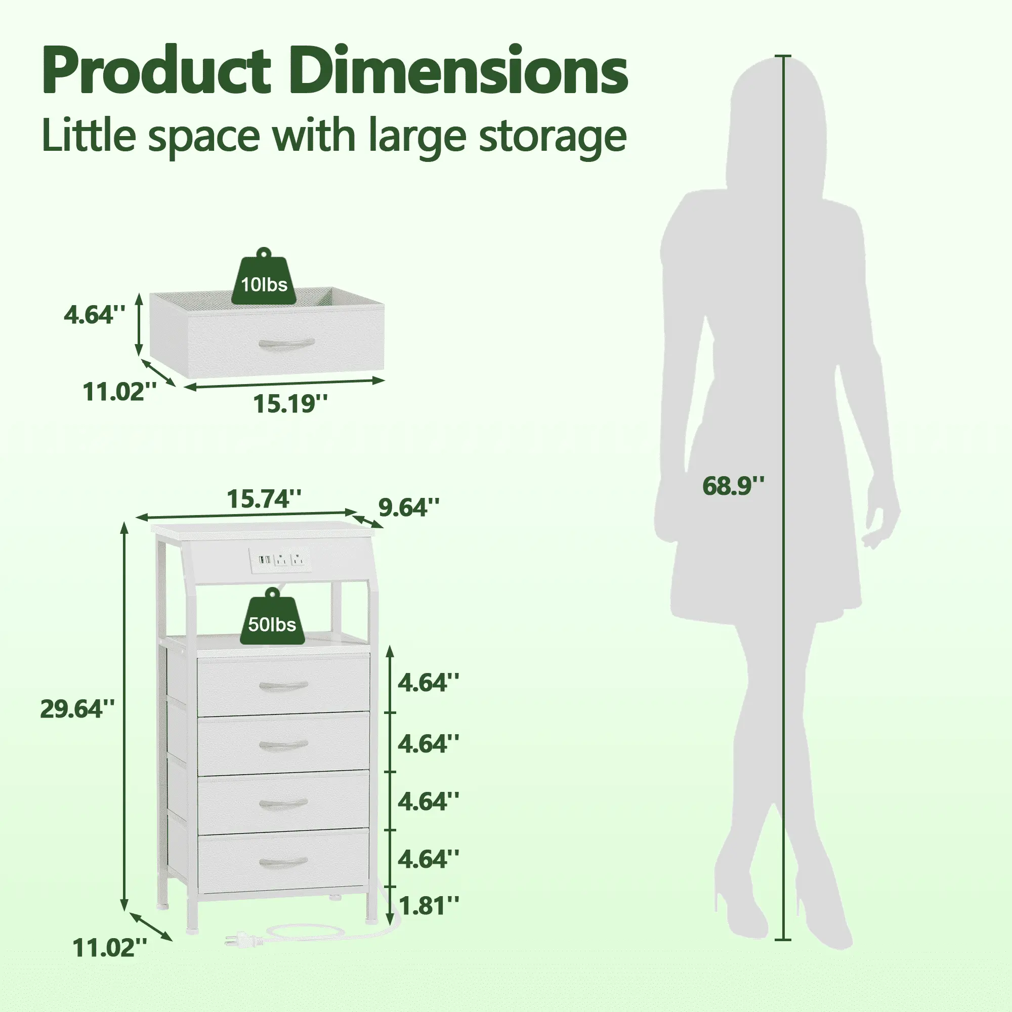 Small Dresser for Bedroom, 4 Drawer with Charging Station, White, Ideal for Adults