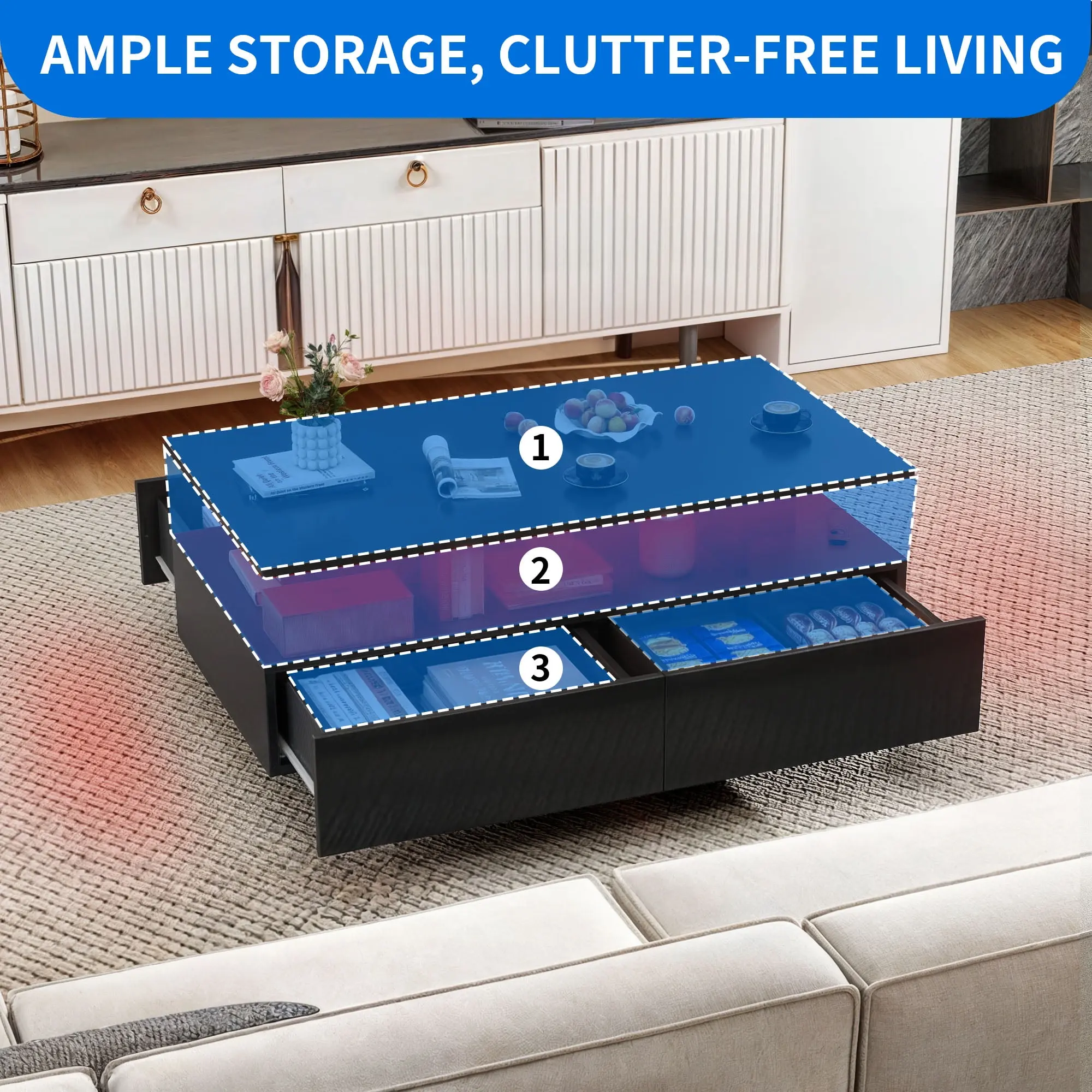 LED Coffee Table, Modern Center Tables with Storage for Living Room, Black