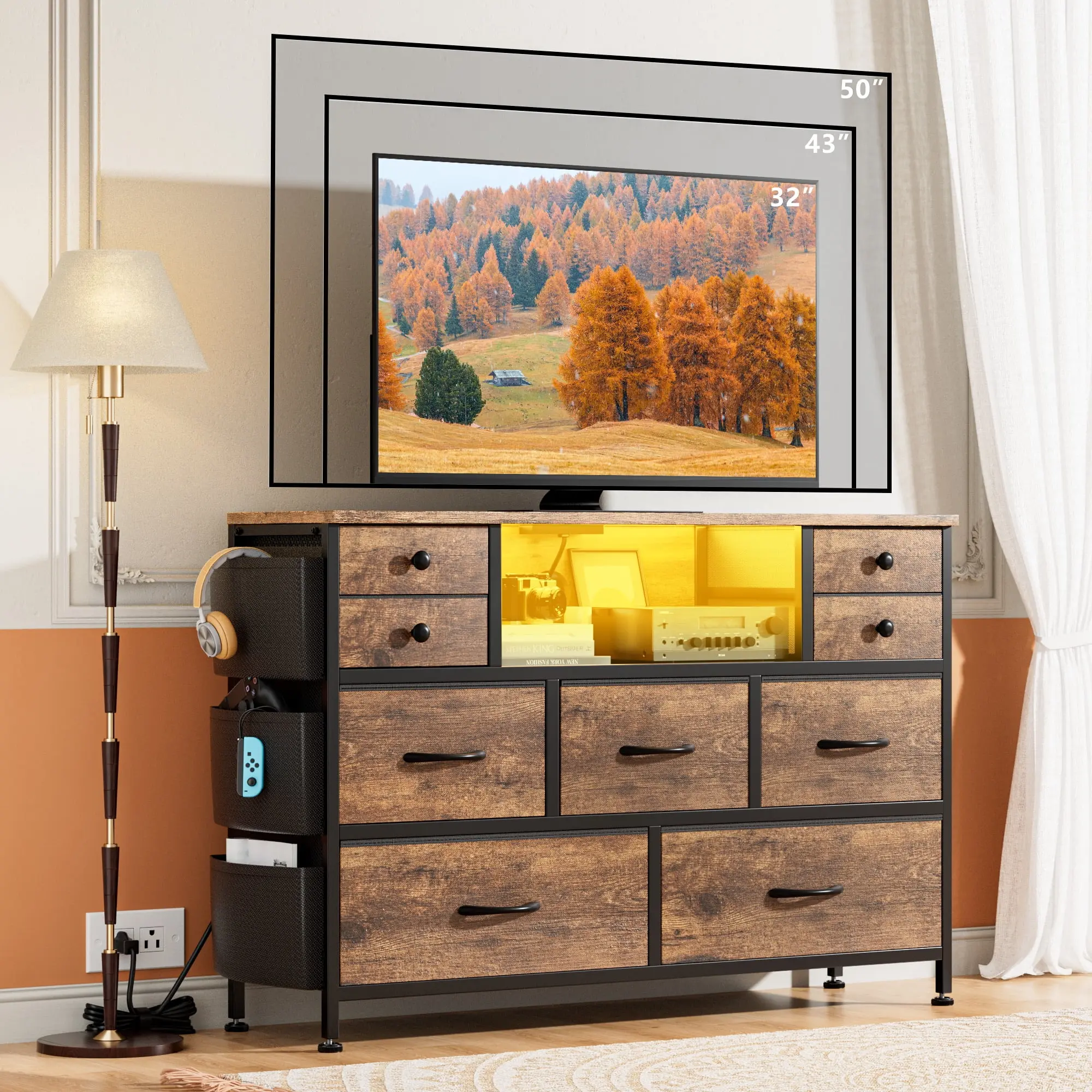 9 Drawer Dresser, Dressers for Bedroom TV Stand with Power Outlets LED Lights and Side Pocket Fabric Dresser Chest