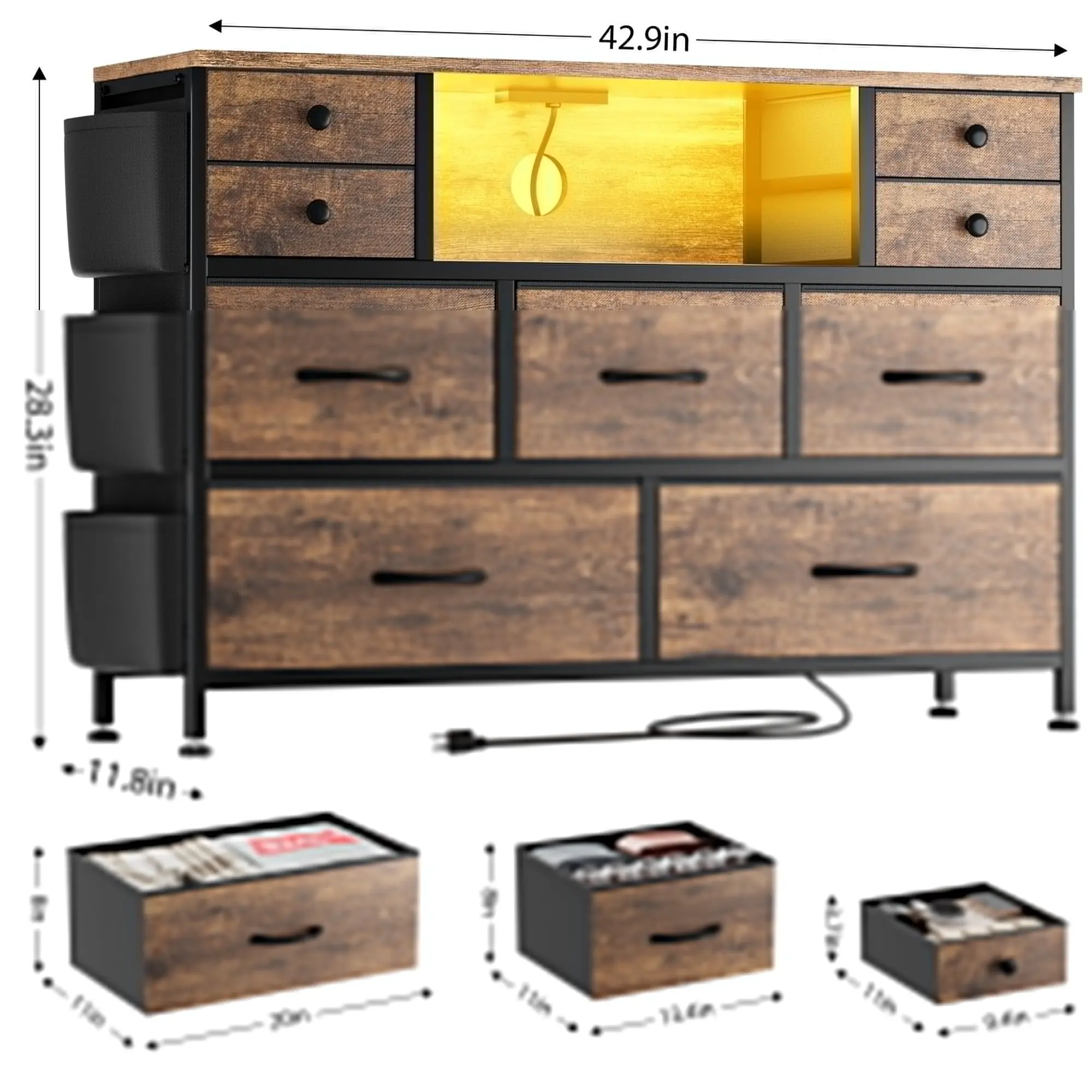 9 Drawer Dresser, Dressers for Bedroom TV Stand with Power Outlets LED Lights and Side Pocket Fabric Dresser Chest
