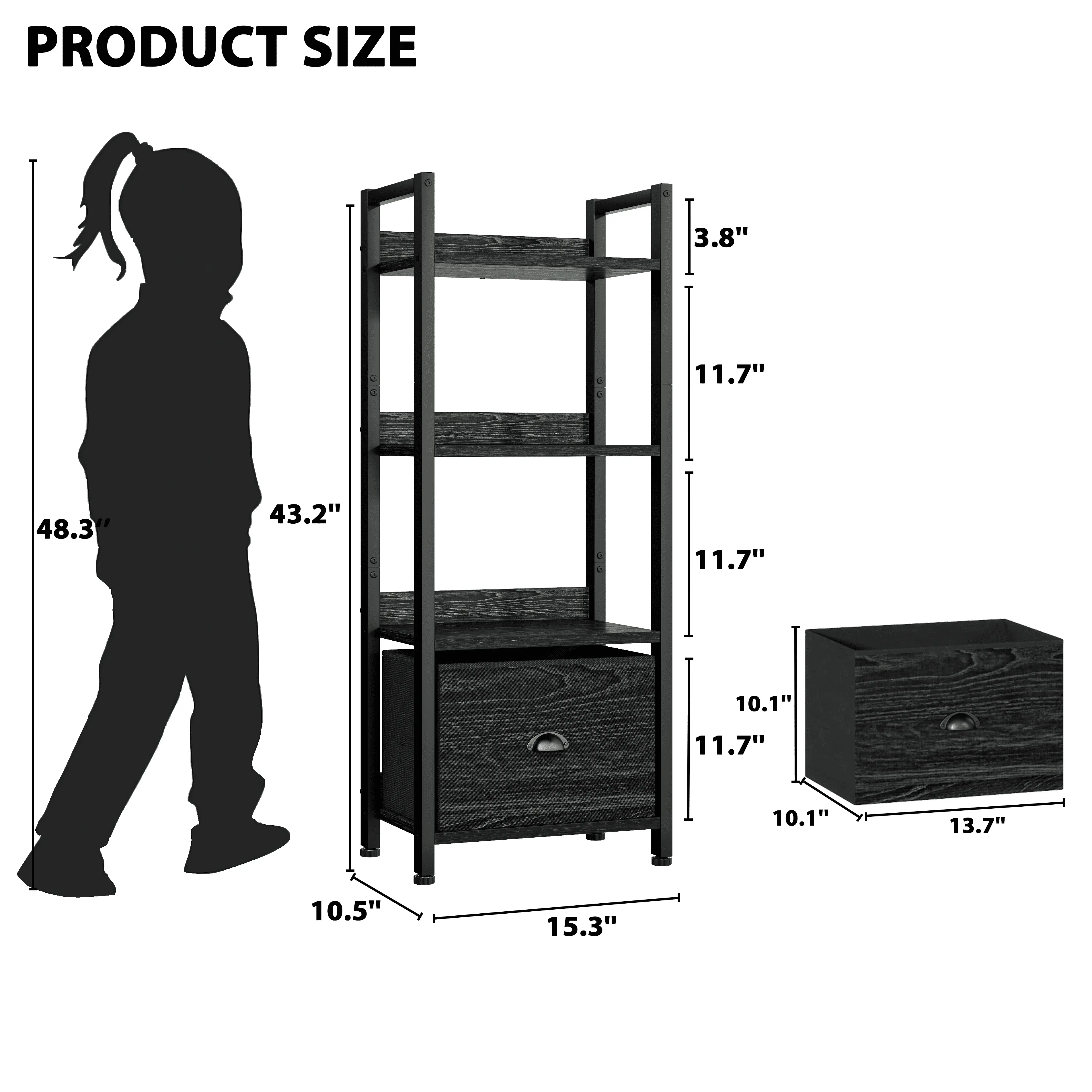 4 Tier Ladder Bookcase with Removable Drawer Tall Standing Bookshelf,Black Oak