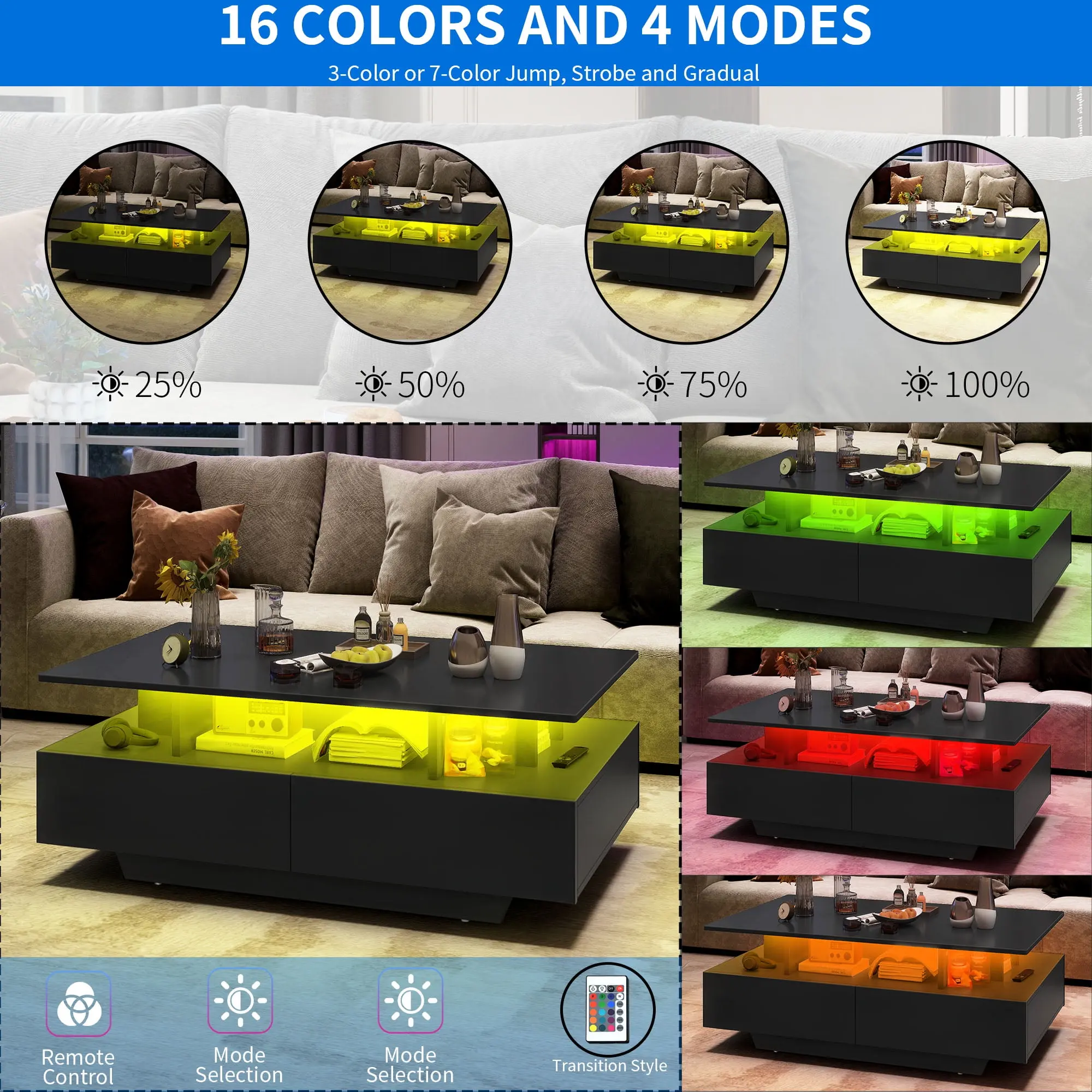 LED Coffee Table, Modern Center Tables with Storage for Living Room, Black