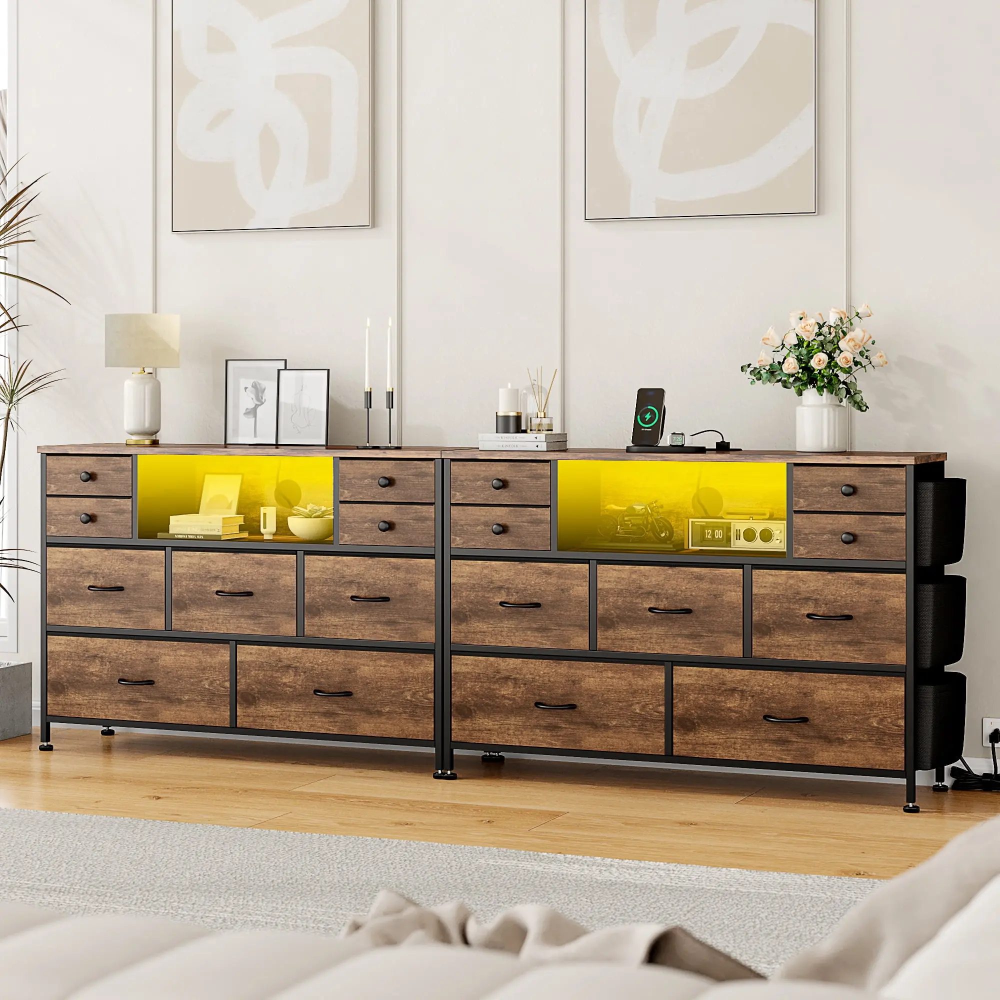9 Drawer Dresser, Dressers for Bedroom TV Stand with Power Outlets LED Lights and Side Pocket Fabric Dresser Chest