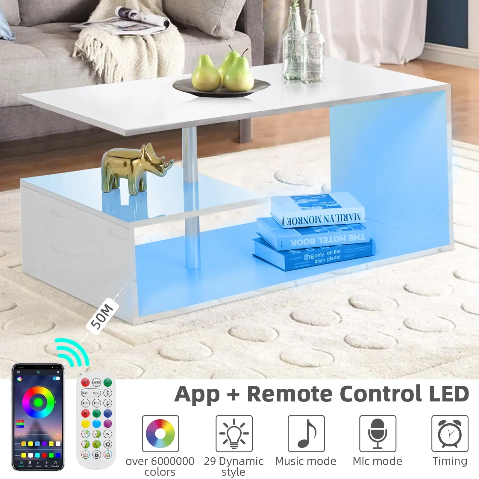 High Gloss White Coffee Table with LED Lights Open Shelf Smart APP Control S Shaped Modern Sofa Side End Table for Living Room