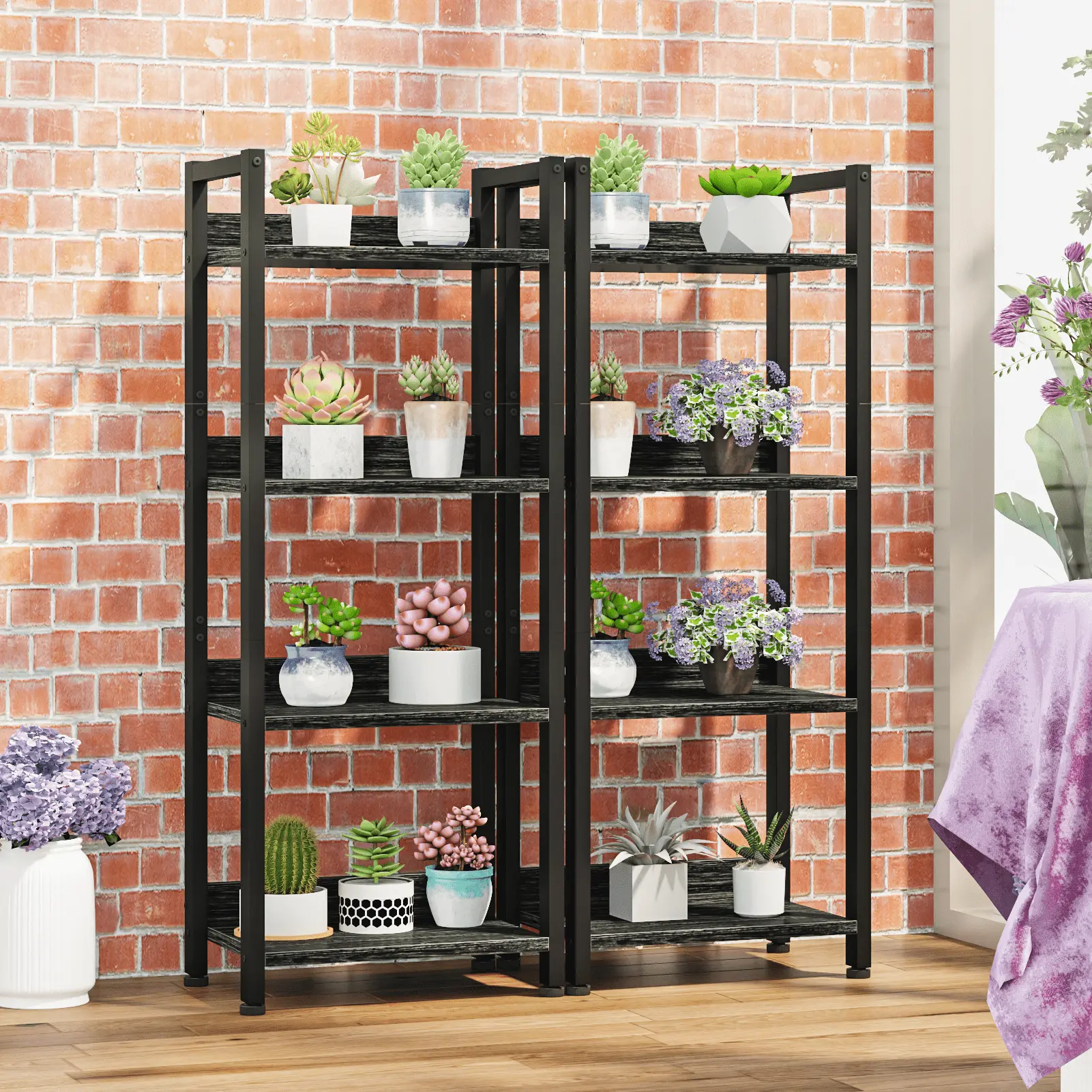 4 Tier Ladder Bookcase with Removable Drawer Tall Standing Bookshelf,Black Oak