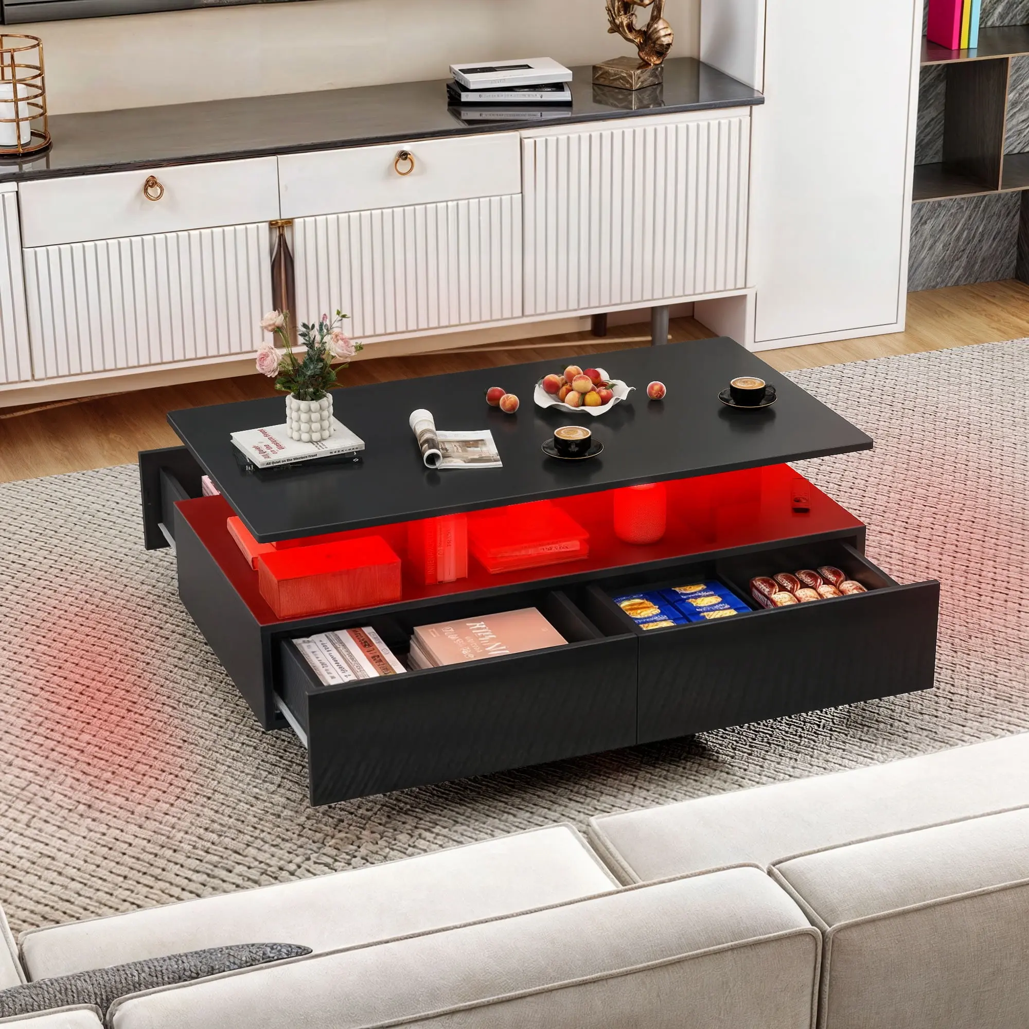 LED Coffee Table, Modern Center Tables with Storage for Living Room, Black
