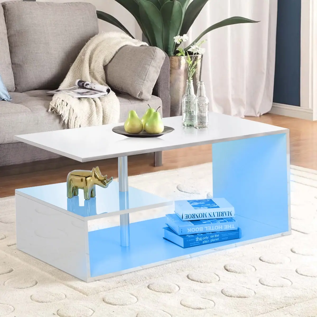 High Gloss White Coffee Table with LED Lights Open Shelf Smart APP Control S Shaped Modern Sofa Side End Table for Living Room