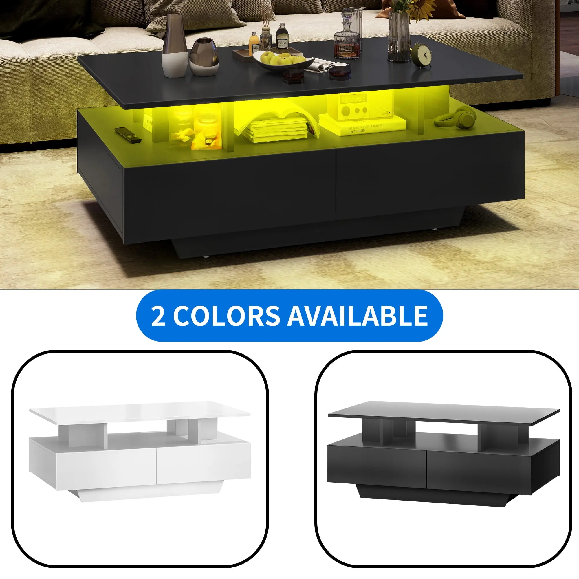 LED Coffee Table, Modern Center Tables with Storage for Living Room, Black