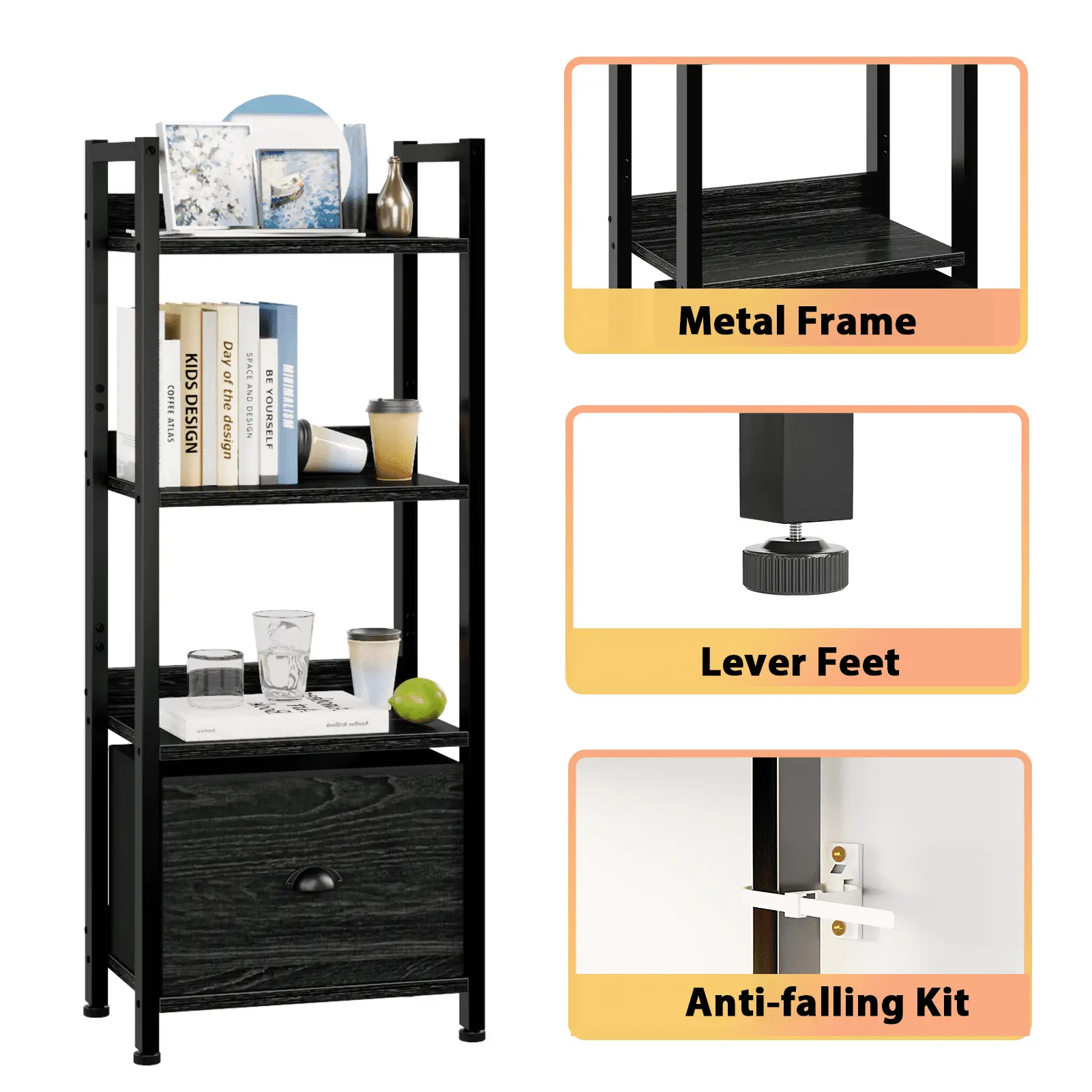 4 Tier Ladder Bookcase with Removable Drawer Tall Standing Bookshelf,Black Oak