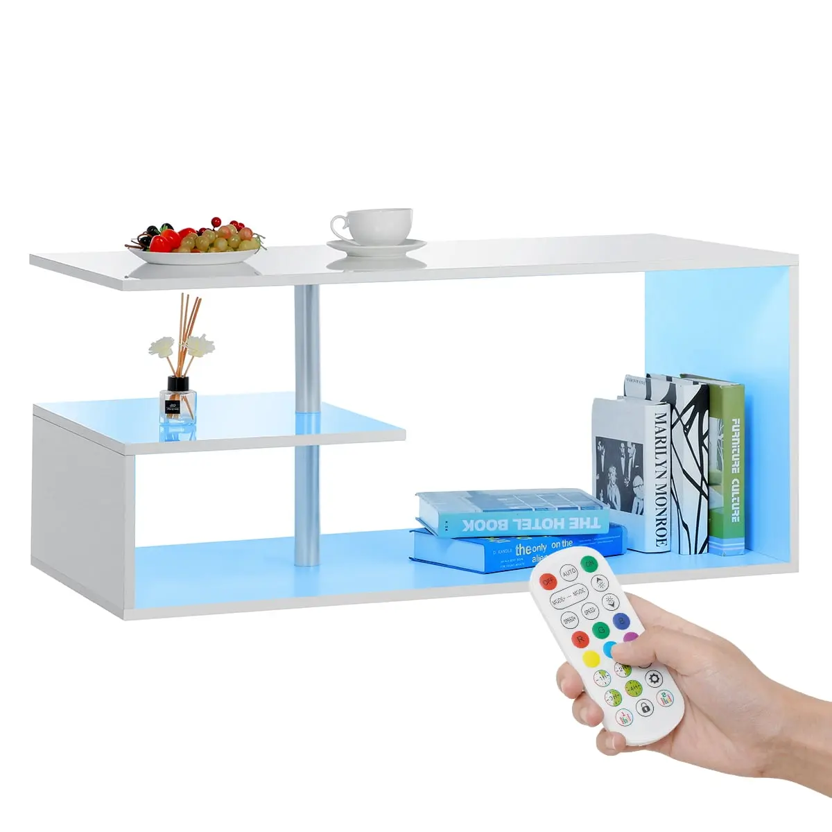 High Gloss White Coffee Table with LED Lights Open Shelf Smart APP Control S Shaped Modern Sofa Side End Table for Living Room