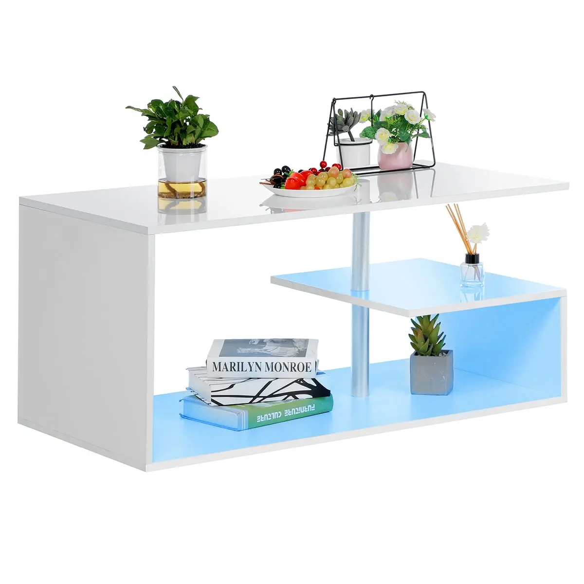 High Gloss White Coffee Table with LED Lights Open Shelf Smart APP Control S Shaped Modern Sofa Side End Table for Living Room