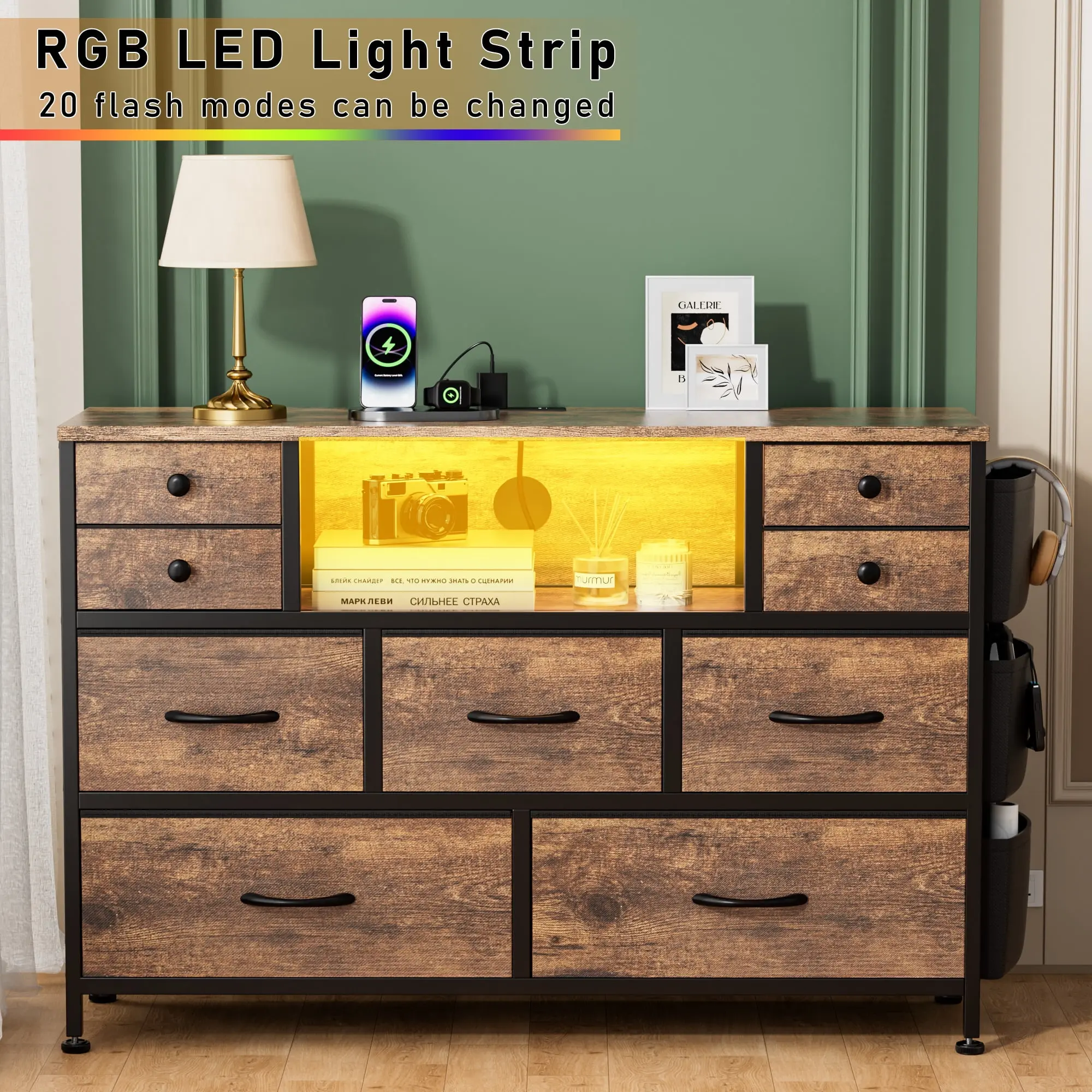 9 Drawer Dresser, Dressers for Bedroom TV Stand with Power Outlets LED Lights and Side Pocket Fabric Dresser Chest