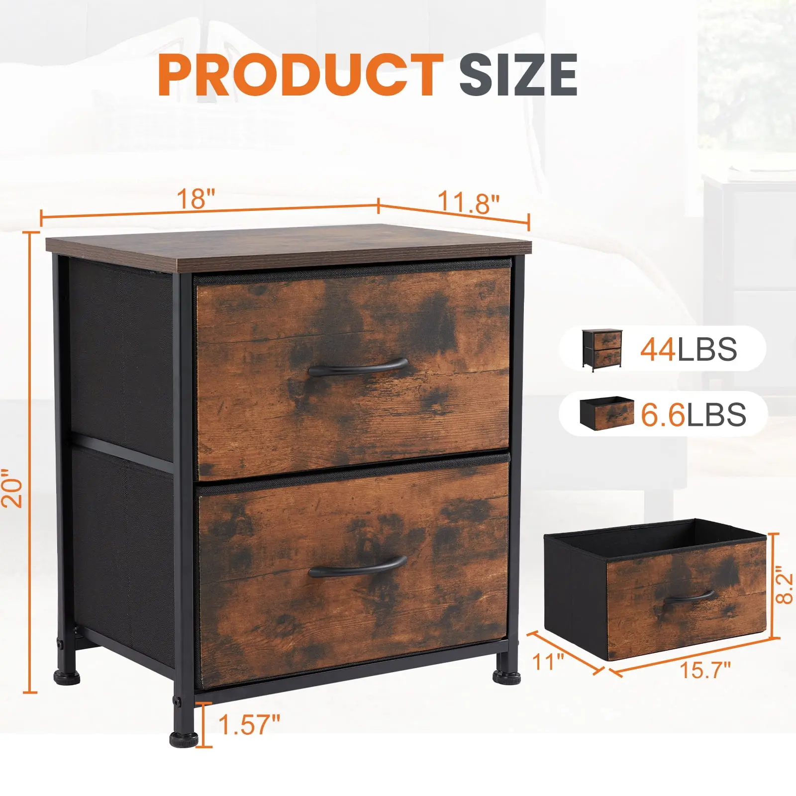 Nightstand Set of 2, End Table Side Table with 2 Fabric Drawers Bedside Table for Bedroom, Closet, Dorm, Rustic Brown