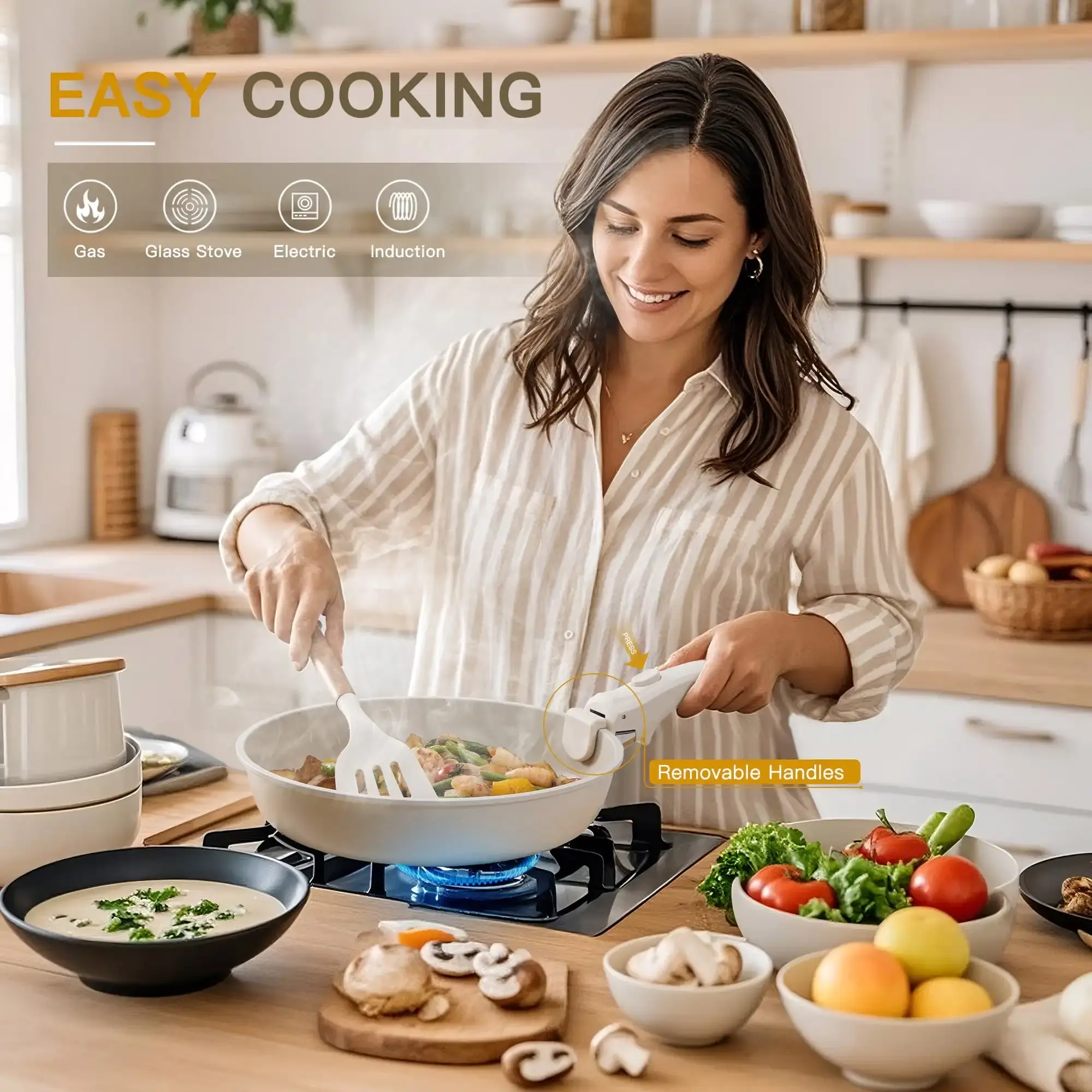 22 Piece Ceramic Pots and Pans Set Non Stick,  Cookware Set with Detachable Handles, Oven Safe, Induction Ready
