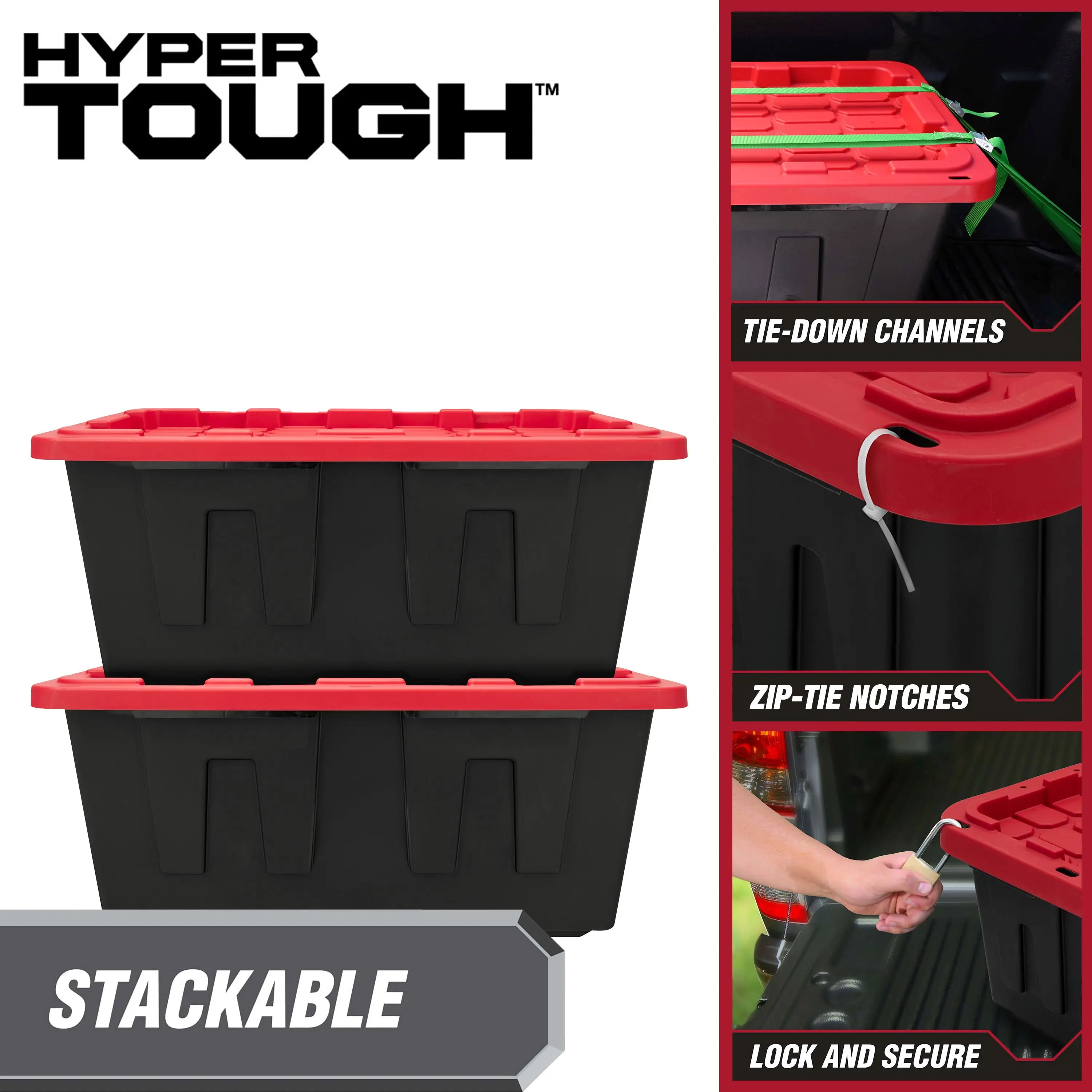 (2 pack) Hyper Tough Extra Large Storage Bin, 40 Gallon Plastic Storage Container with Snap-On Lid, Black and Red