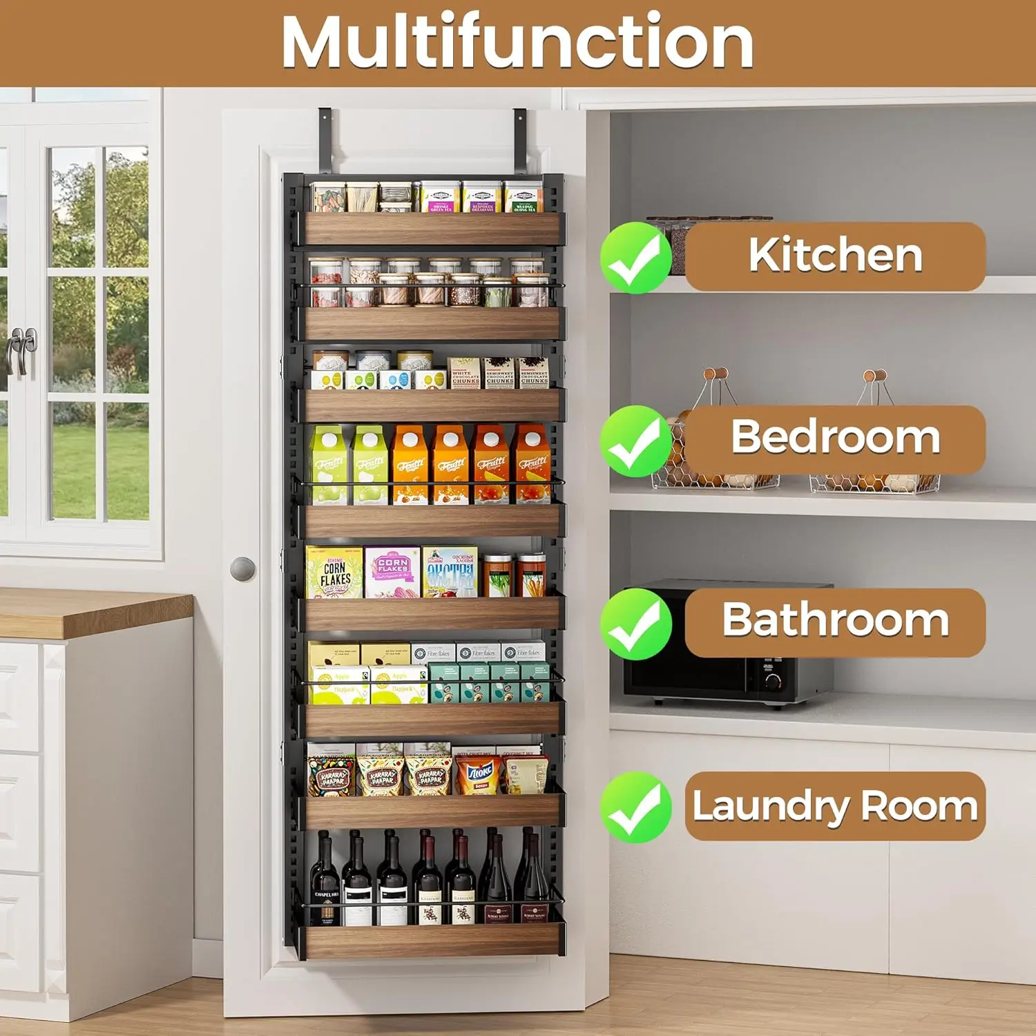 8 Tier Over The Door Pantry Organizer, 2 IN 1 Wall Mount or Hanging Spice Rack Seasoning Shelves with Adjustable Basket