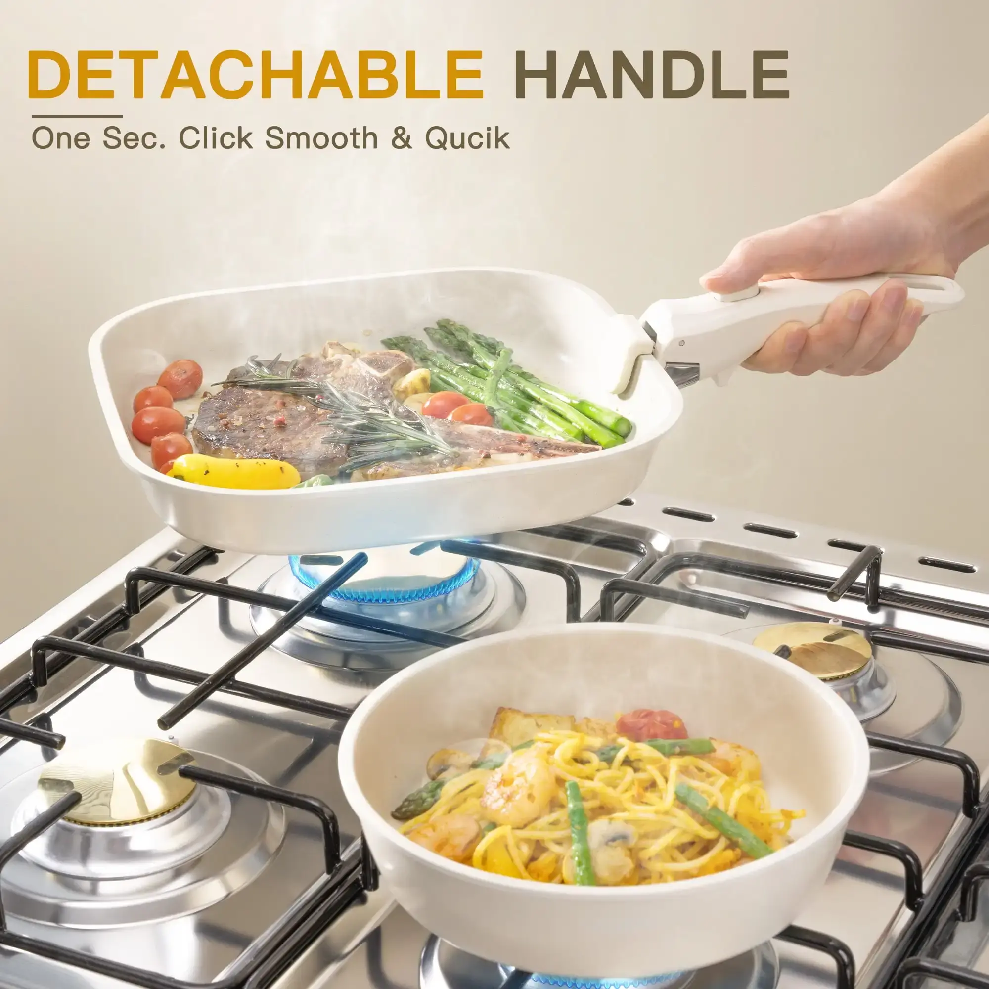 22 Piece Ceramic Pots and Pans Set Non Stick,  Cookware Set with Detachable Handles, Oven Safe, Induction Ready