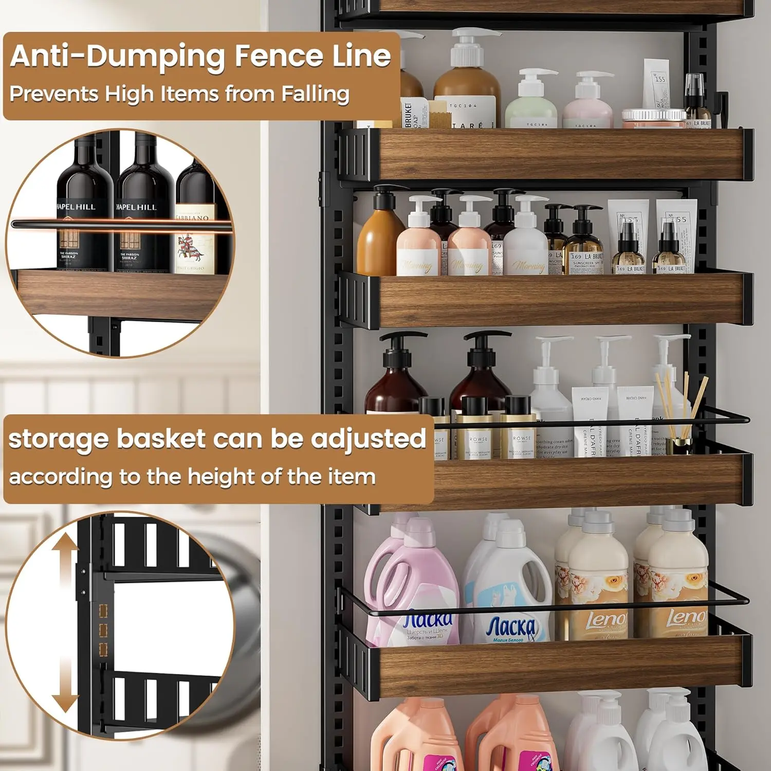 8 Tier Over The Door Pantry Organizer, 2 IN 1 Wall Mount or Hanging Spice Rack Seasoning Shelves with Adjustable Basket
