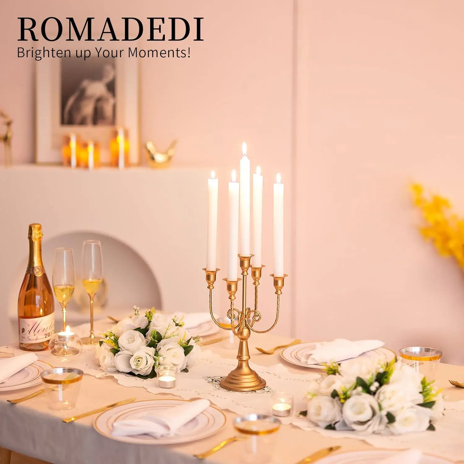 Romadedi Candelabra Gold Candle Holders - 5 Arm 11.8" Wedding Candlestick Holder for Theme Party Table Centrepiece Decor