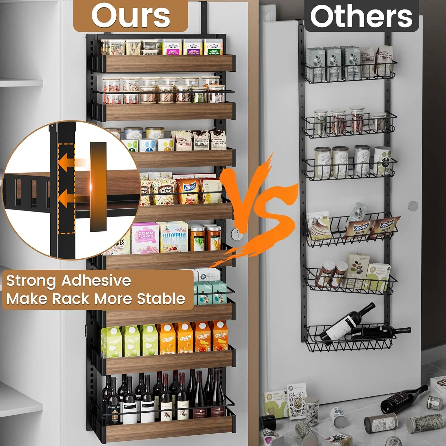 8 Tier Over The Door Pantry Organizer, 2 IN 1 Wall Mount or Hanging Spice Rack Seasoning Shelves with Adjustable Basket