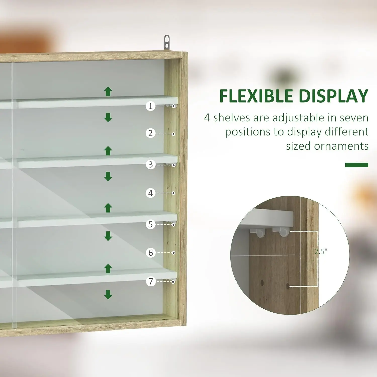 5-Tier Display Cabinet, Glass Door Cabinet with Adjustable Shelves, Wall-Mounted Display Case for Playroom, Bedroom
