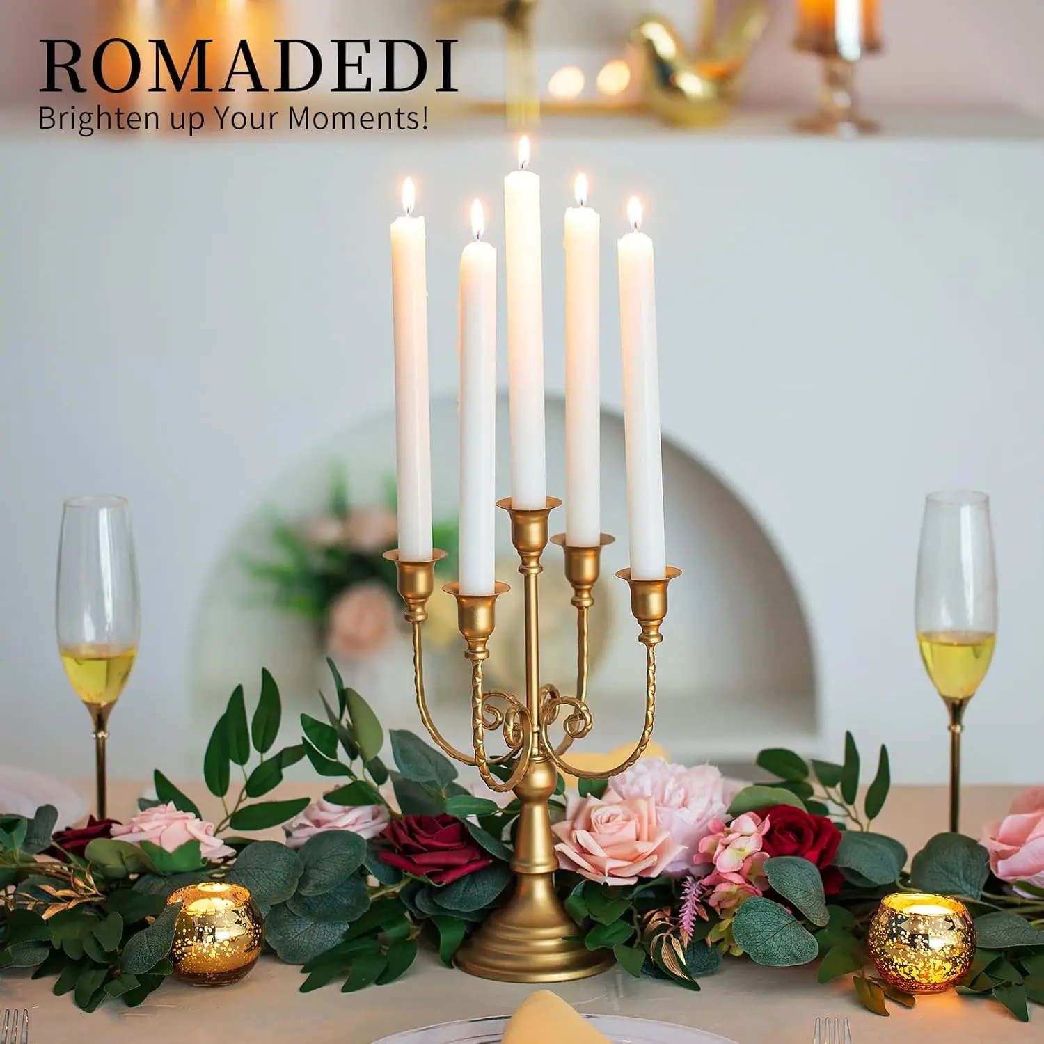 Romadedi Candelabra Gold Candle Holders - 5 Arm 11.8" Wedding Candlestick Holder for Theme Party Table Centrepiece Decor