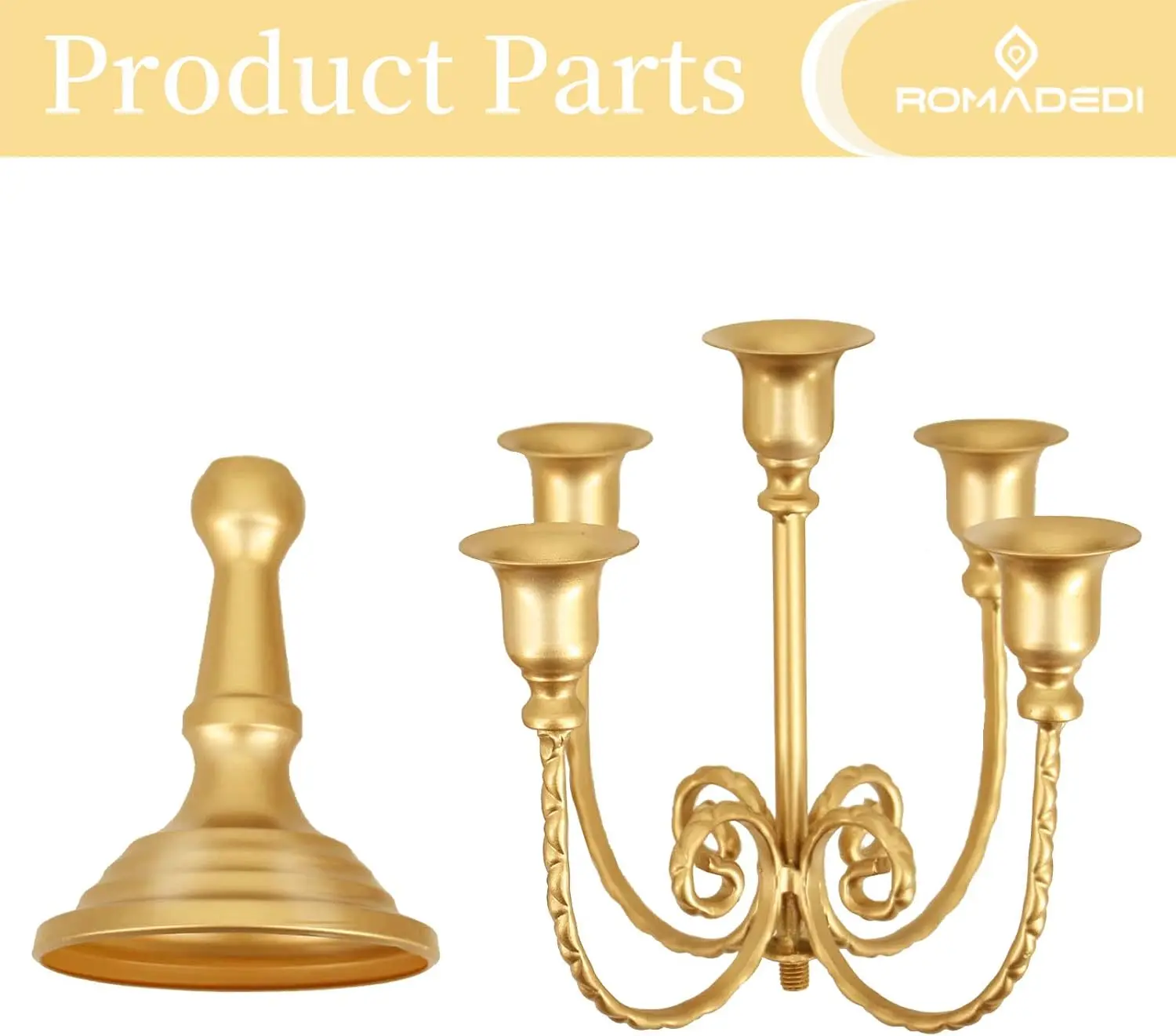 Romadedi Candelabra Gold Candle Holders - 5 Arm 11.8" Wedding Candlestick Holder for Theme Party Table Centrepiece Decor