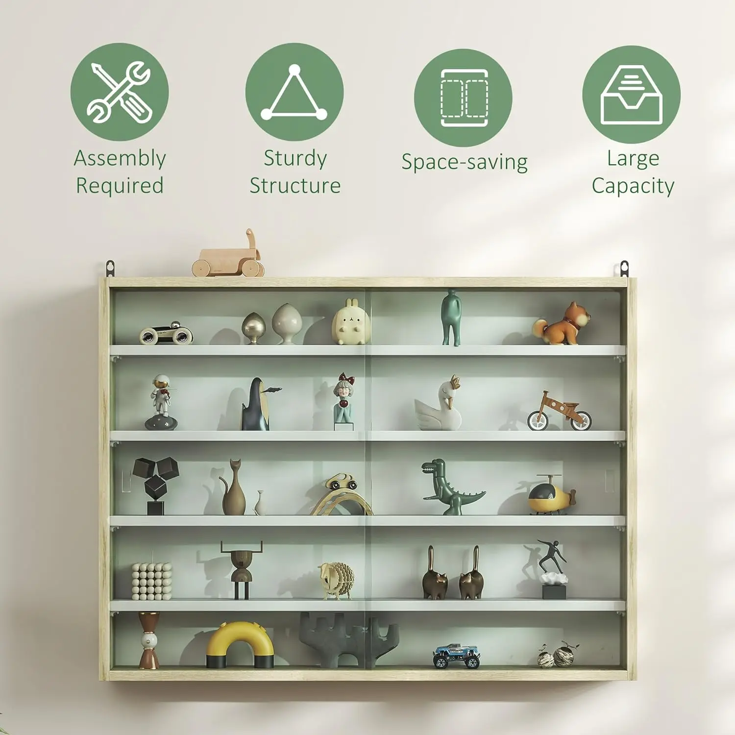 5-Tier Display Cabinet, Glass Door Cabinet with Adjustable Shelves, Wall-Mounted Display Case for Playroom, Bedroom