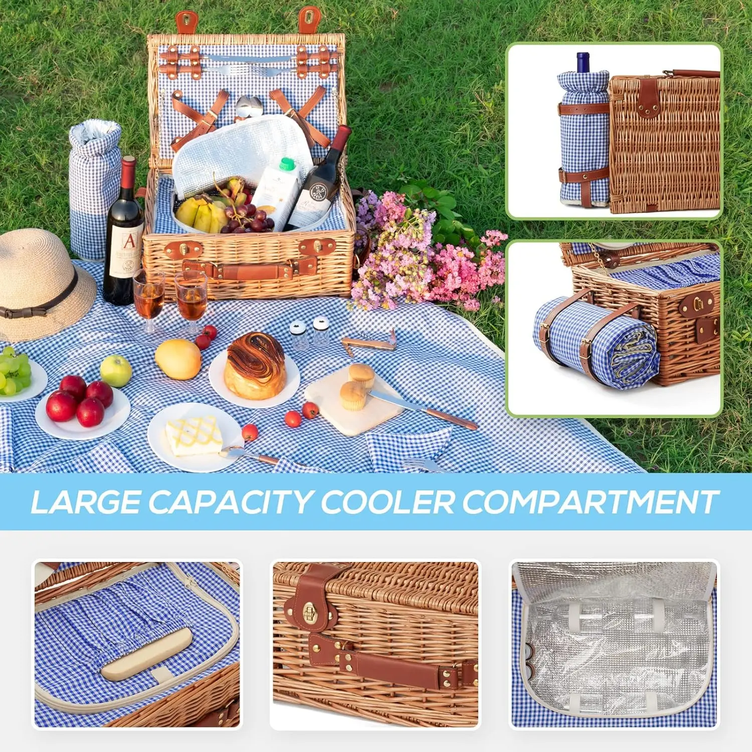 Wicker Picnic Basket Set for 4 Person with Cooler Compartment and Waterproof Picnic Blanket,Removable Strap,Wine Bag