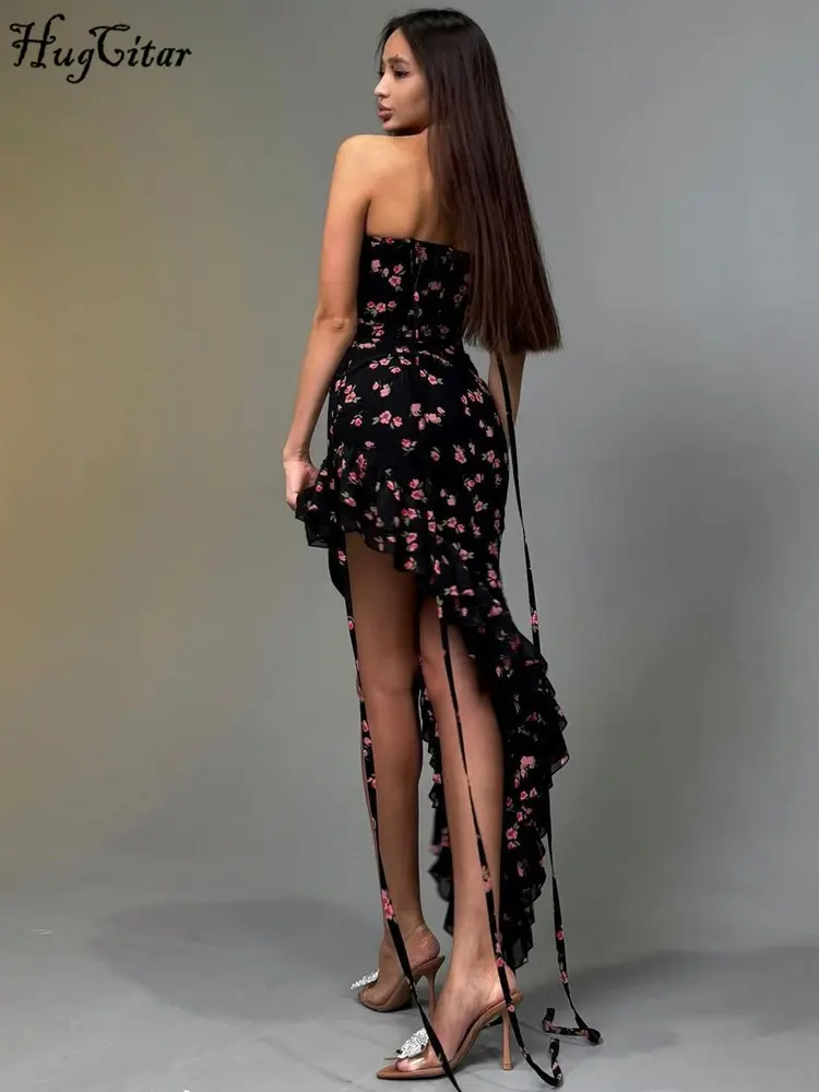 Hugcitar 2024 Elegant Floral Print Slips Backless Lace Up Ruffles Sexy Slim Maxi Dress Women Y2K Outfits Birthday Party Festival