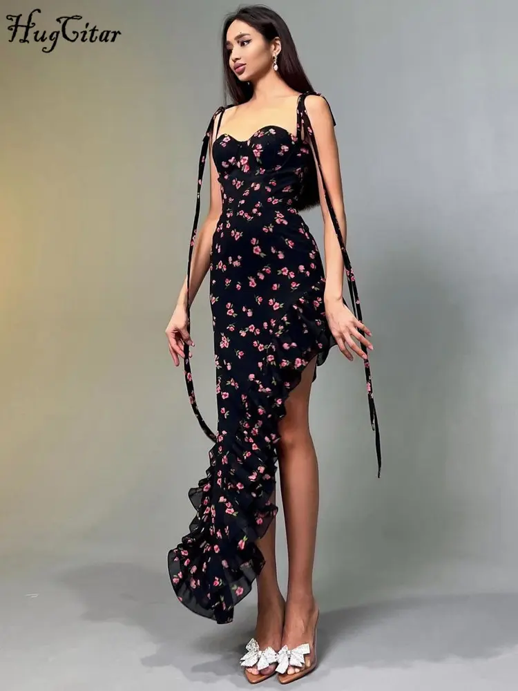 Hugcitar 2024 Elegant Floral Print Slips Backless Lace Up Ruffles Sexy Slim Maxi Dress Women Y2K Outfits Birthday Party Festival