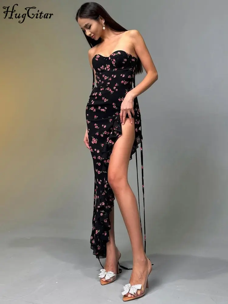 Hugcitar 2024 Elegant Floral Print Slips Backless Lace Up Ruffles Sexy Slim Maxi Dress Women Y2K Outfits Birthday Party Festival