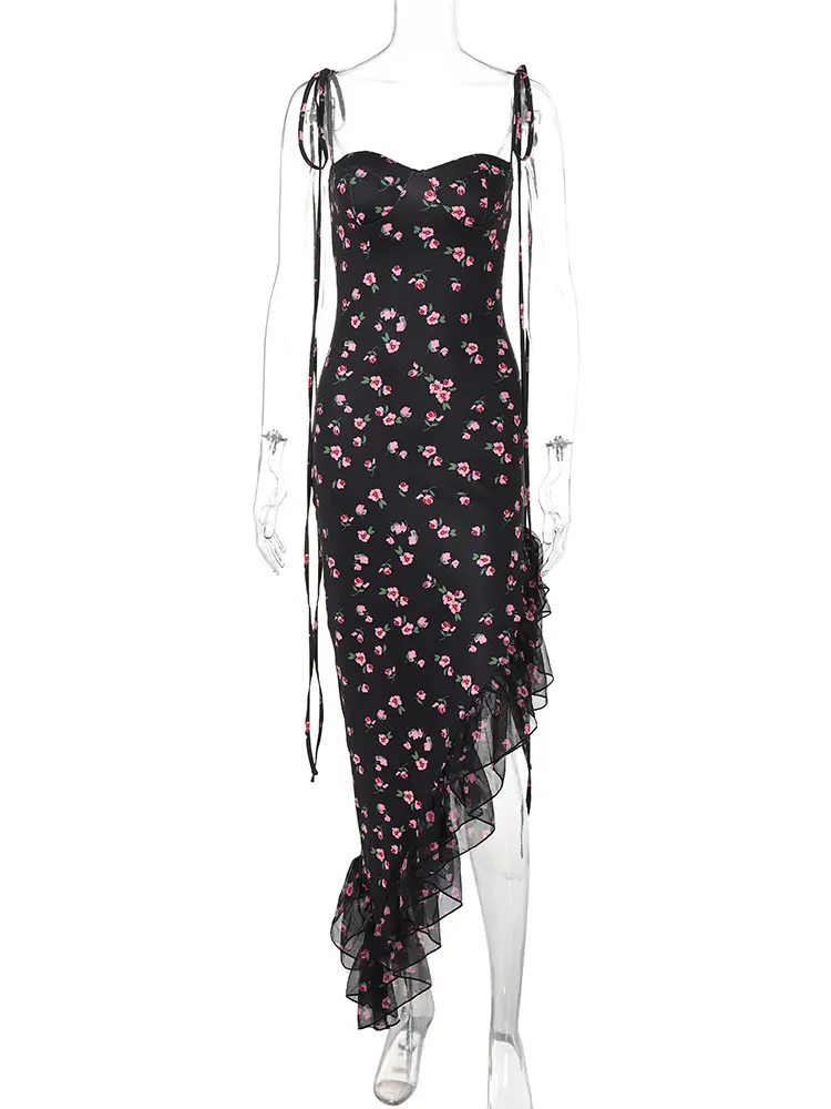 Hugcitar 2024 Elegant Floral Print Slips Backless Lace Up Ruffles Sexy Slim Maxi Dress Women Y2K Outfits Birthday Party Festival