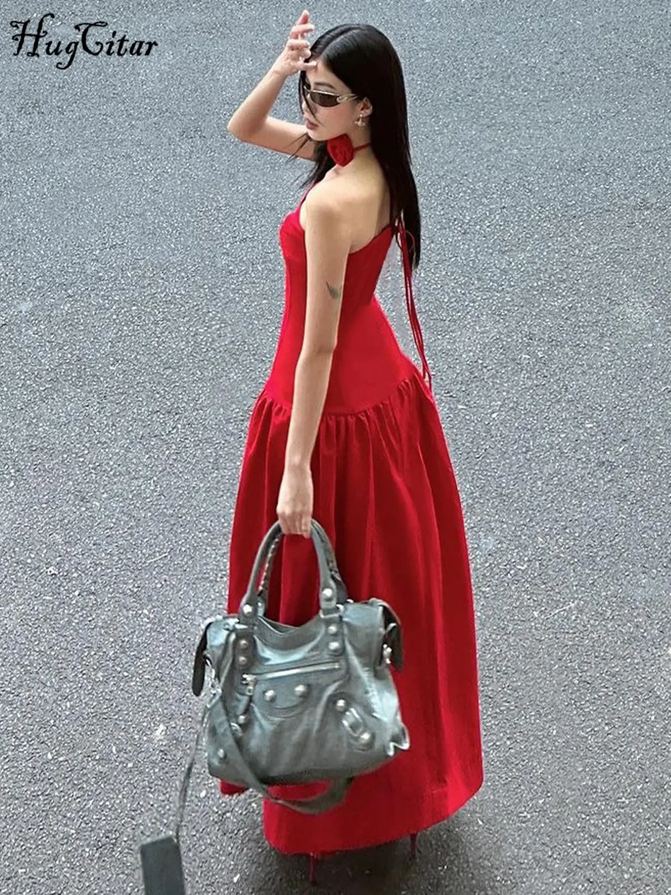 Hugcitar Strapless Solid Tie Flower Scarf Draped Sexy Elegant Bodycon Maxi Dress Summer Women Y2K Outfit Wedding Party Vacation