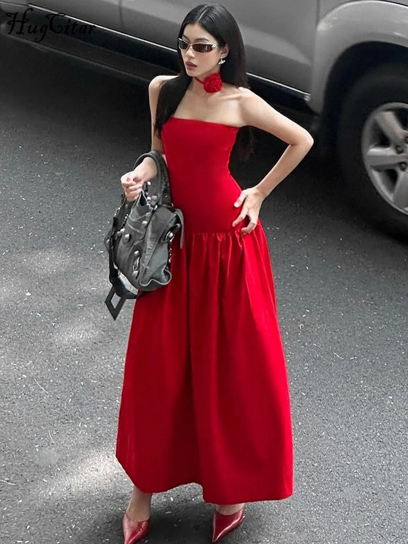 Hugcitar Strapless Solid Tie Flower Scarf Draped Sexy Elegant Bodycon Maxi Dress Summer Women Y2K Outfit Wedding Party Vacation