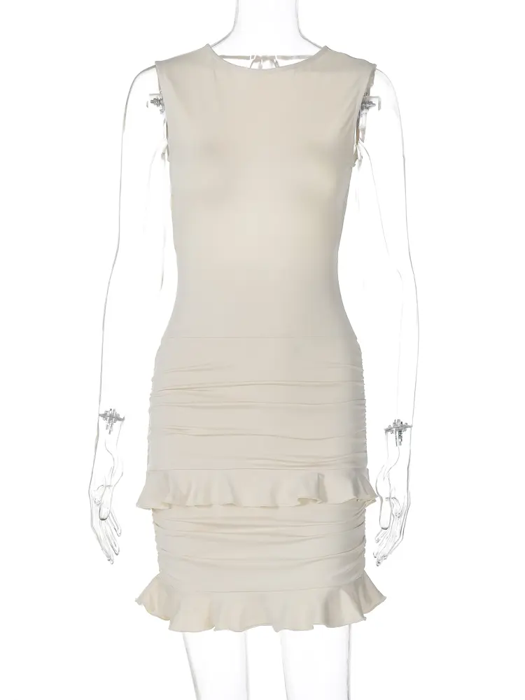 Hugcitar Elegant Solid Sleeveless Backless Lace Up Pleated Sexy Slim Mini Dress Summer Women Fashion Outfits Birthday Party