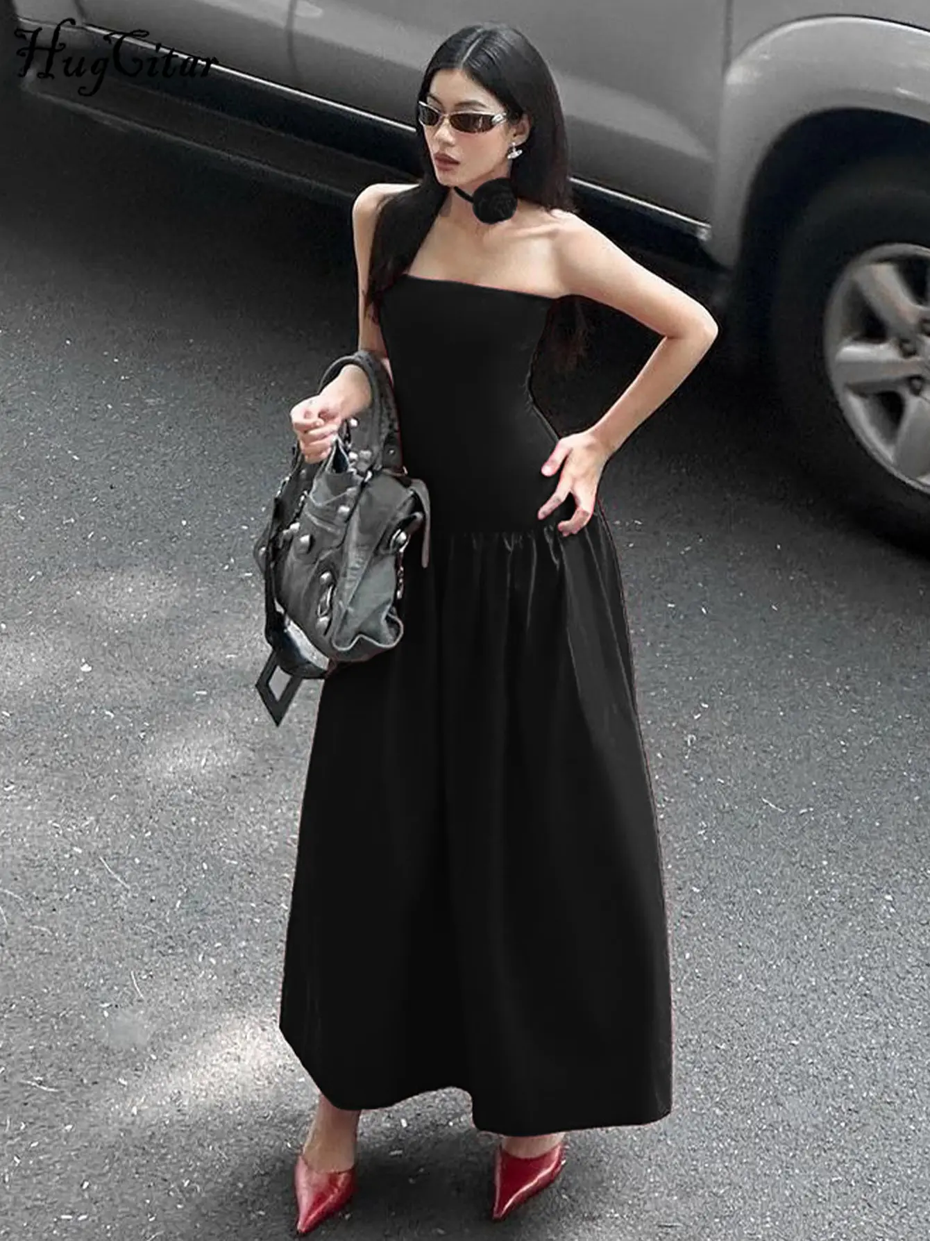 Hugcitar Strapless Solid Tie Flower Scarf Draped Sexy Elegant Bodycon Maxi Dress Summer Women Y2K Outfit Wedding Party Vacation