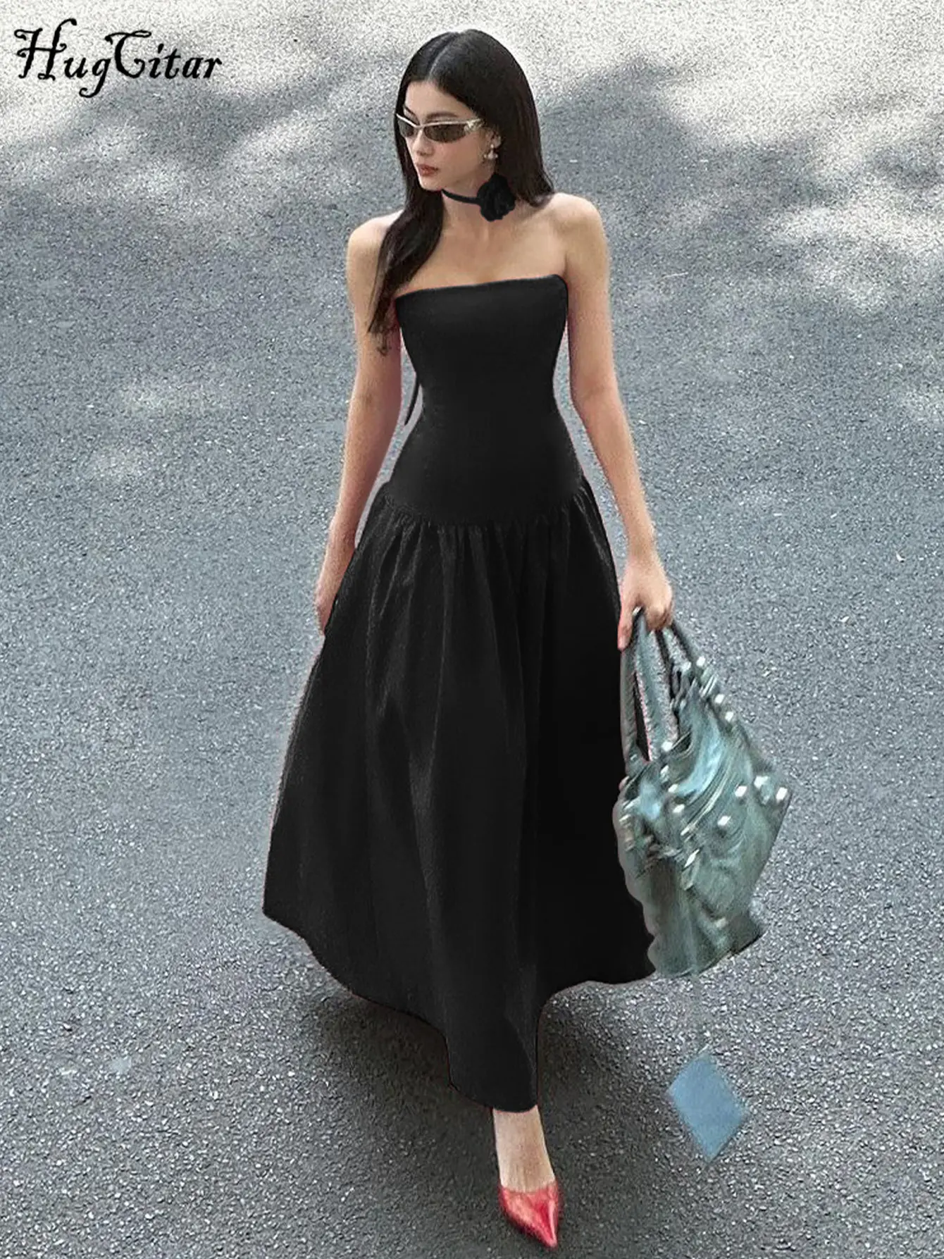 Hugcitar Strapless Solid Tie Flower Scarf Draped Sexy Elegant Bodycon Maxi Dress Summer Women Y2K Outfit Wedding Party Vacation
