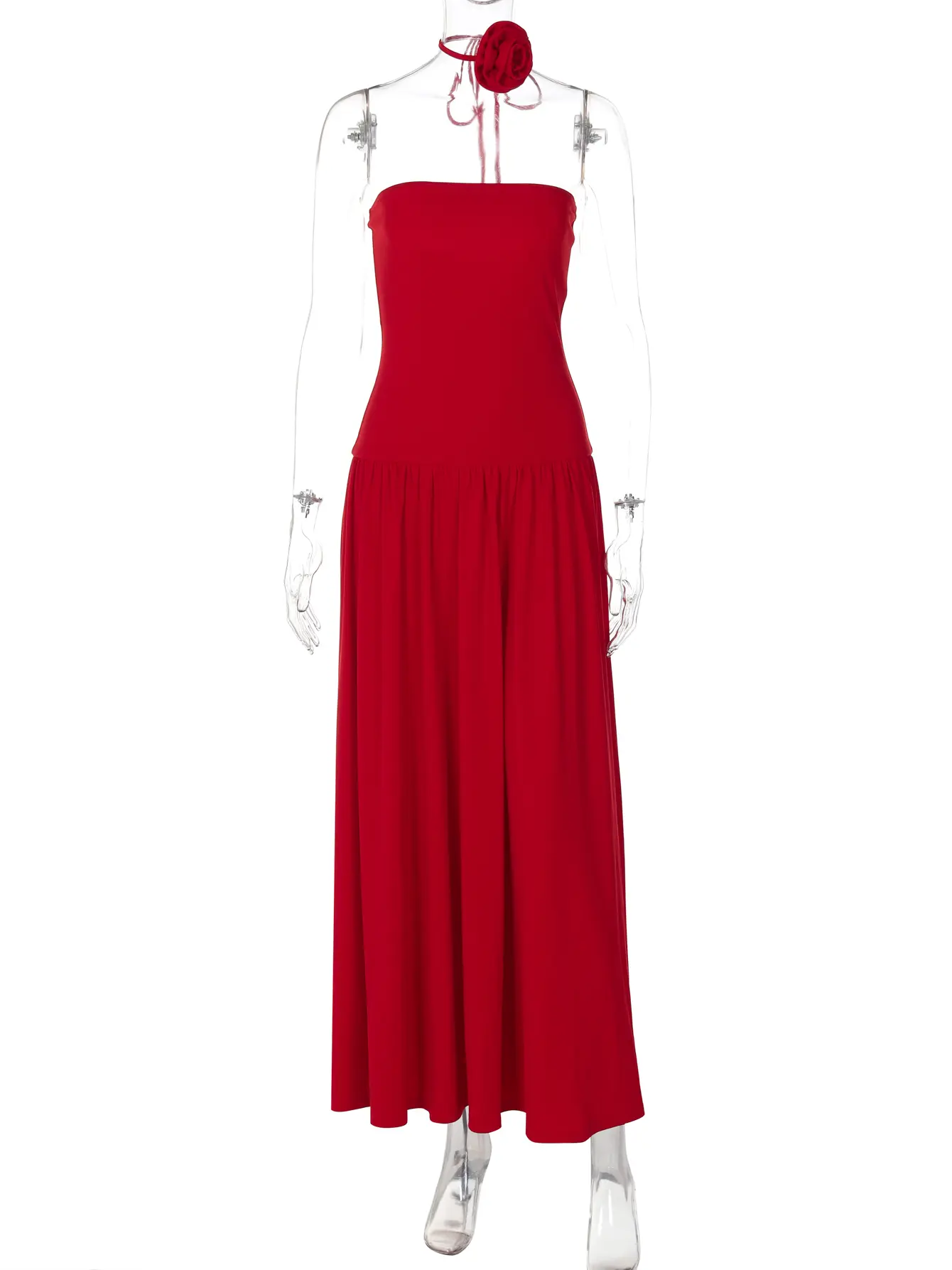 Hugcitar Strapless Solid Tie Flower Scarf Draped Sexy Elegant Bodycon Maxi Dress Summer Women Y2K Outfit Wedding Party Vacation