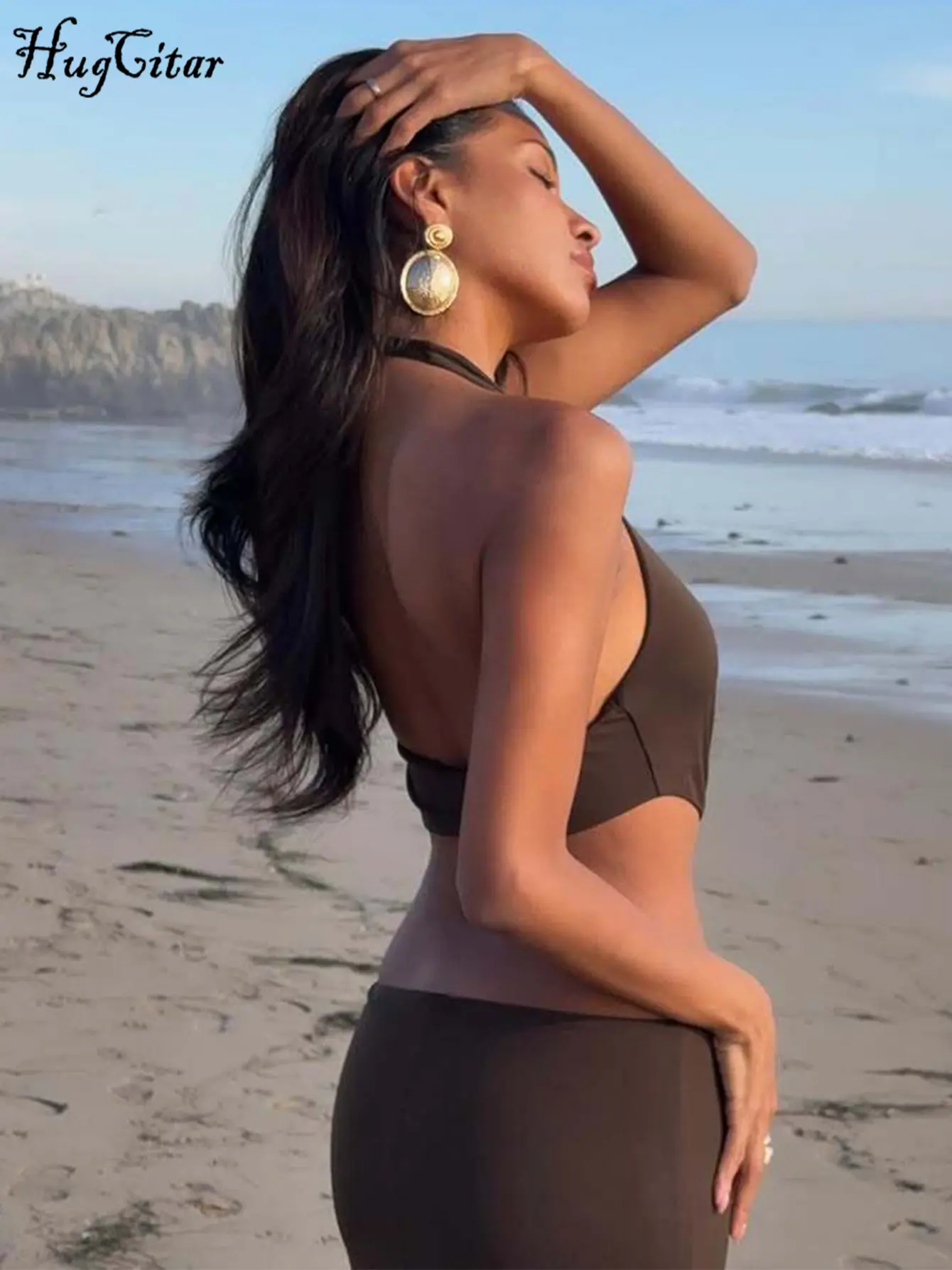 Hugcitar 2025 Fashion Halter Solid V Neck Sexy Hollow Out Backless Slit Y2K Maxi Dress Summer Women Clothes Beach Vacation Party