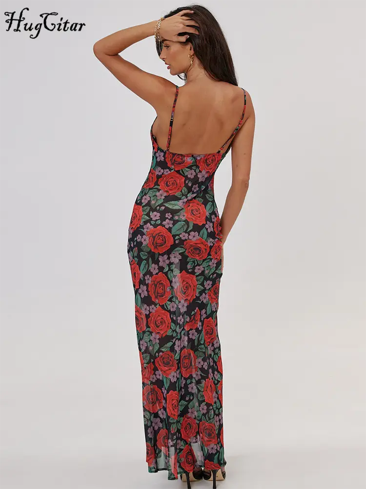 Hugcitar Chiffon Floral Print Slips Backless Sexy See Through Elegant Maxi Dress Spring  Women New Outfit Birthday Vacation