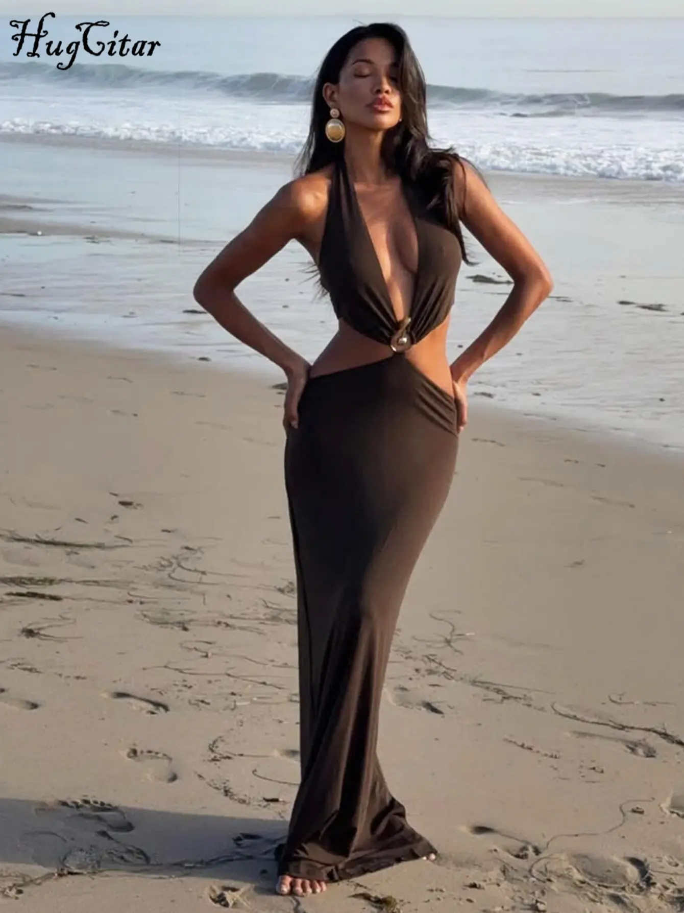 Hugcitar 2025 Fashion Halter Solid V Neck Sexy Hollow Out Backless Slit Y2K Maxi Dress Summer Women Clothes Beach Vacation Party