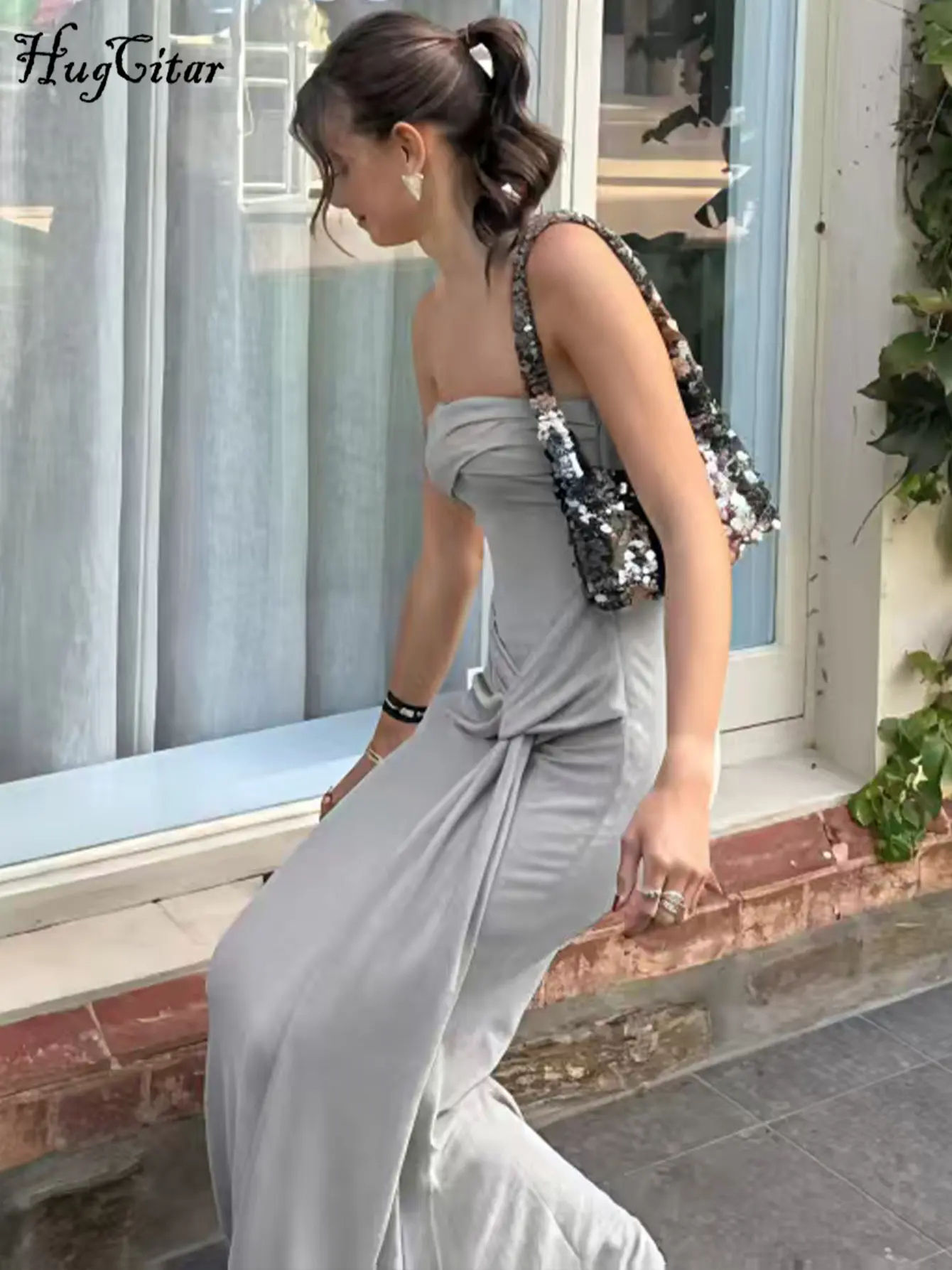 Hugcitar Elegant Solid Strapless Ruched Bandage Sexy Bodycon Maxi Dress Summer Women Fashion Outfits Streetwear Party Vacation