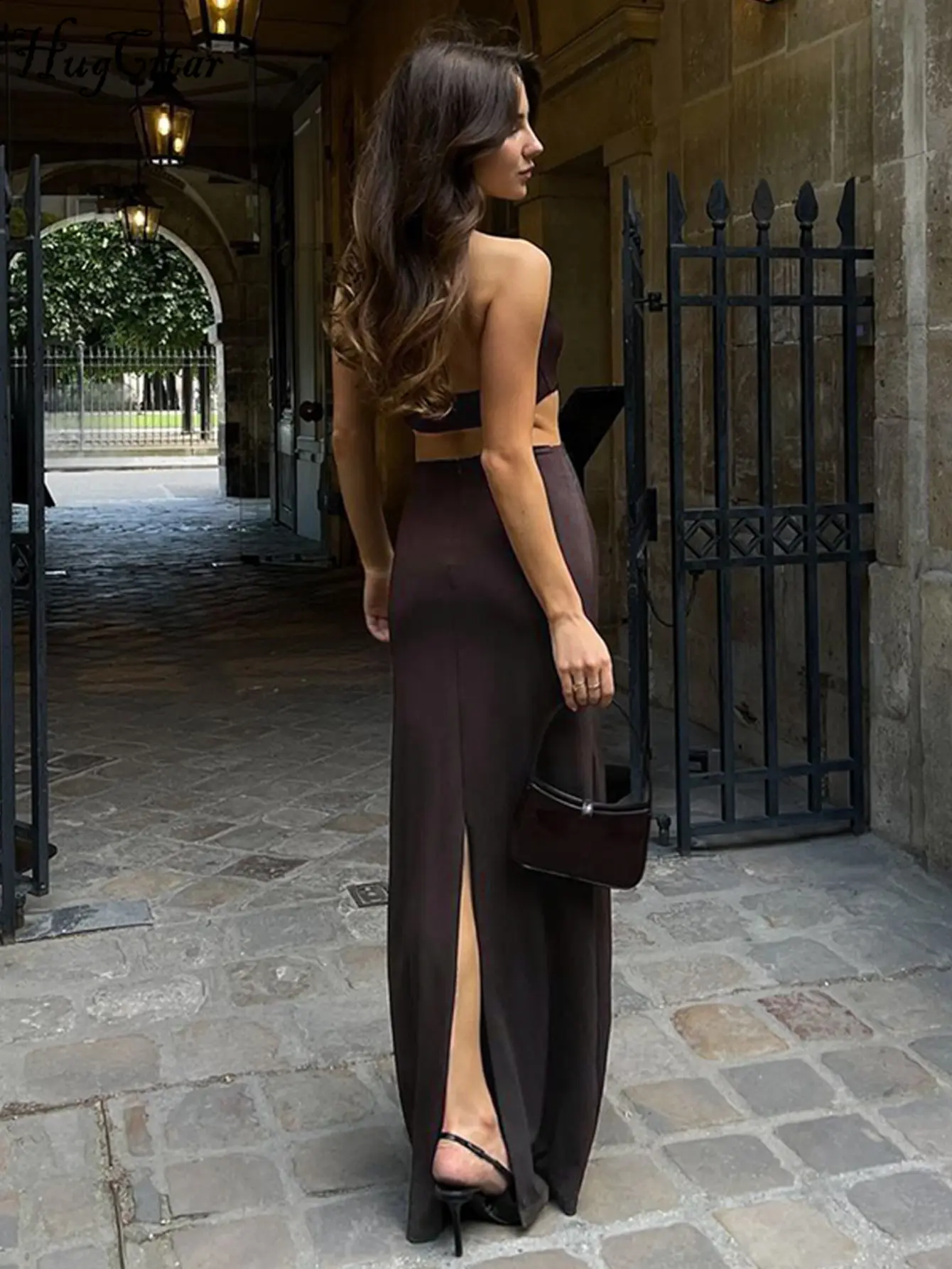 Hugcitar 2025 Fashion Halter Solid V Neck Sexy Hollow Out Backless Slit Y2K Maxi Dress Summer Women Clothes Beach Vacation Party
