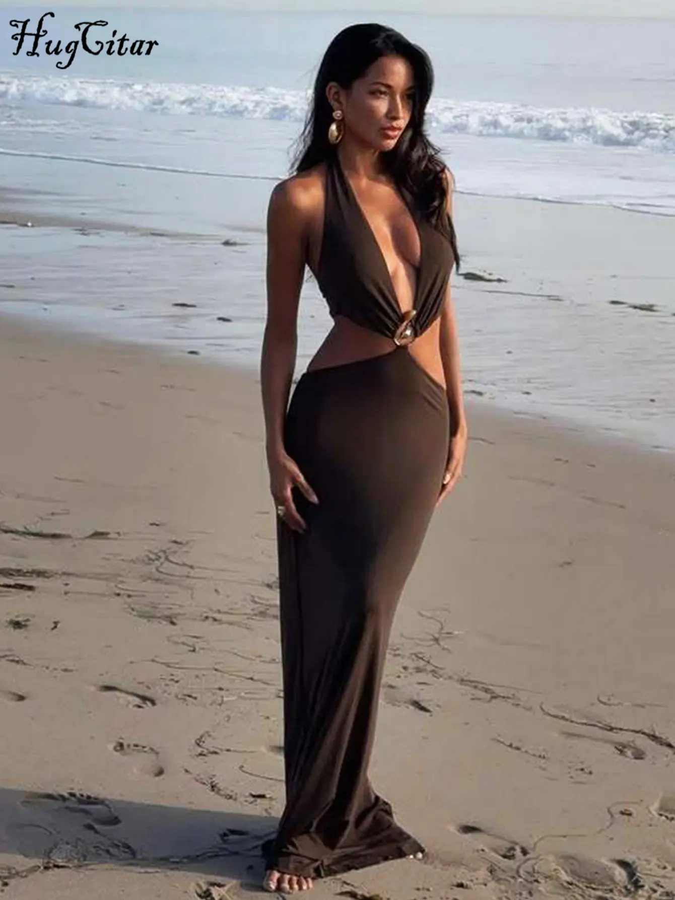 Hugcitar 2025 Fashion Halter Solid V Neck Sexy Hollow Out Backless Slit Y2K Maxi Dress Summer Women Clothes Beach Vacation Party