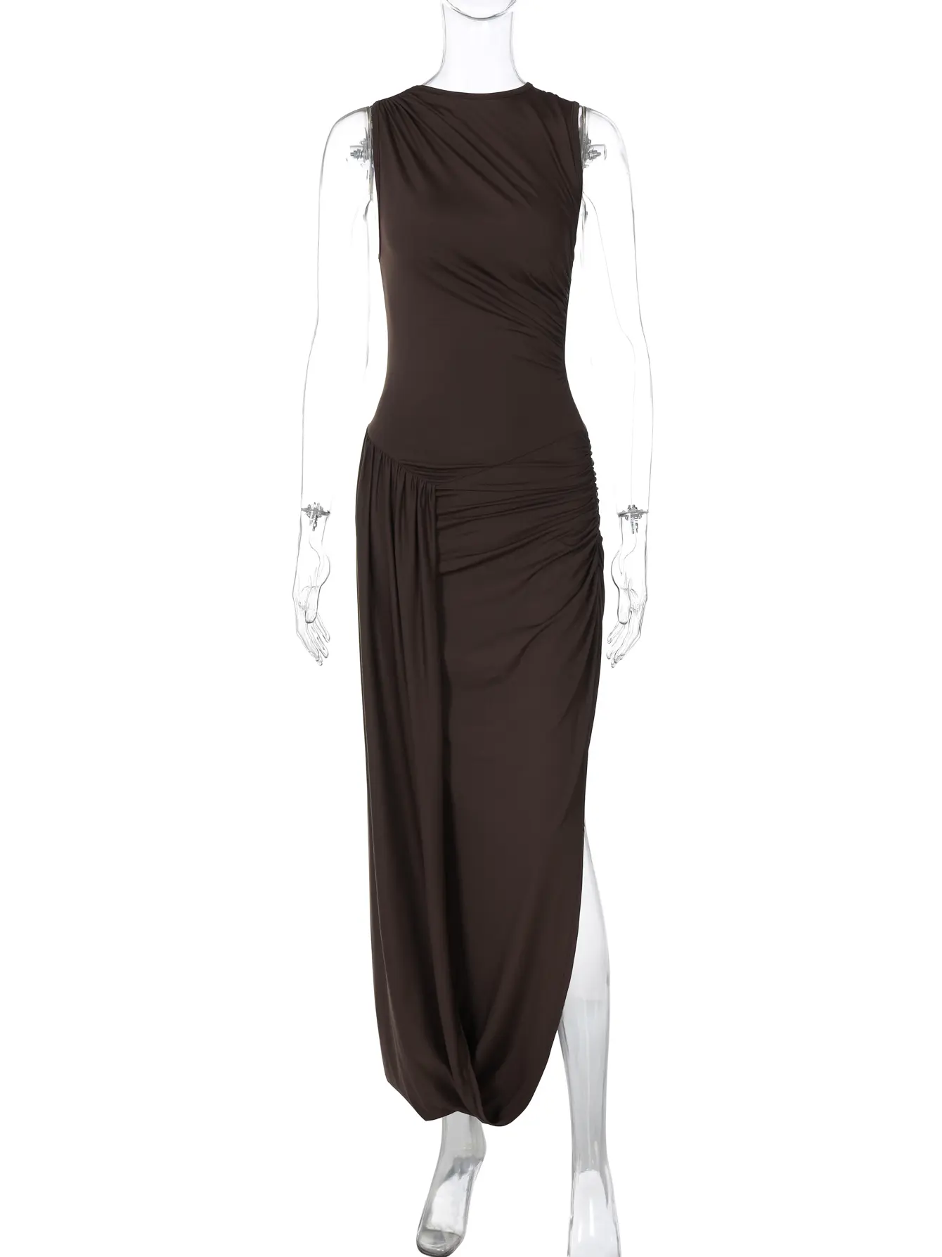 Hugcitar Solid O Neck Sleeveless Ruched Slit Sexy Elegant Bodycon Maxi Dress 2025 Spring Women Y2K Clothes Party Vacation
