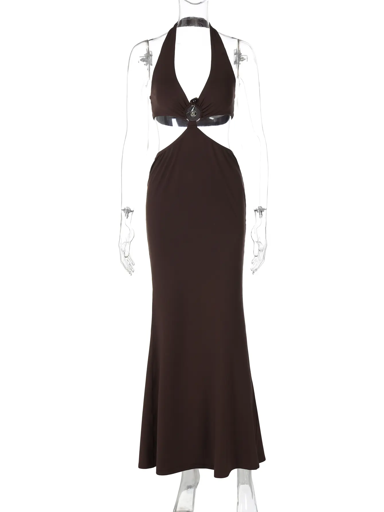 Hugcitar 2025 Fashion Halter Solid V Neck Sexy Hollow Out Backless Slit Y2K Maxi Dress Summer Women Clothes Beach Vacation Party
