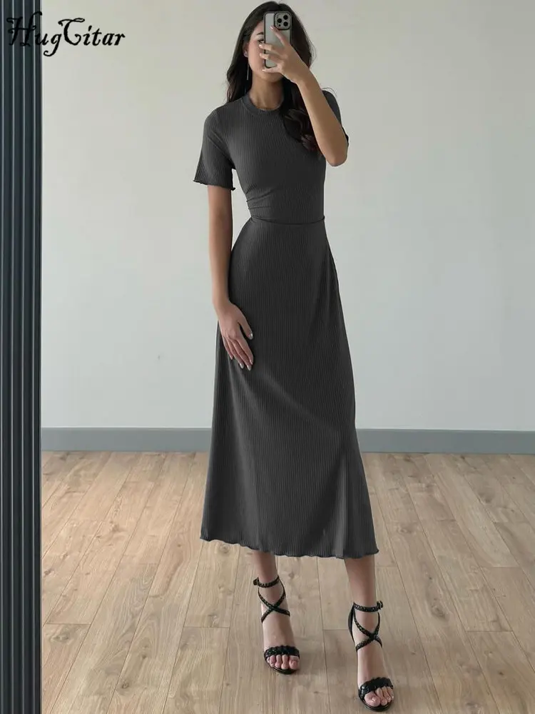 Hugcitar Elegant Women Solid O Neck Short Sleeve Lace Up Sexy Bodycon Maxi Dress Summer Women Y2K Outfit Birthday Party Festival